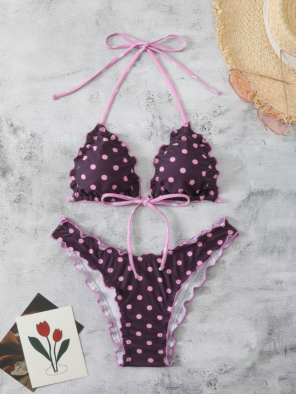 Swim Mod Women's Summer Polka Dot Print Camisole Tie Bow Bikini Two Pieces Swimw