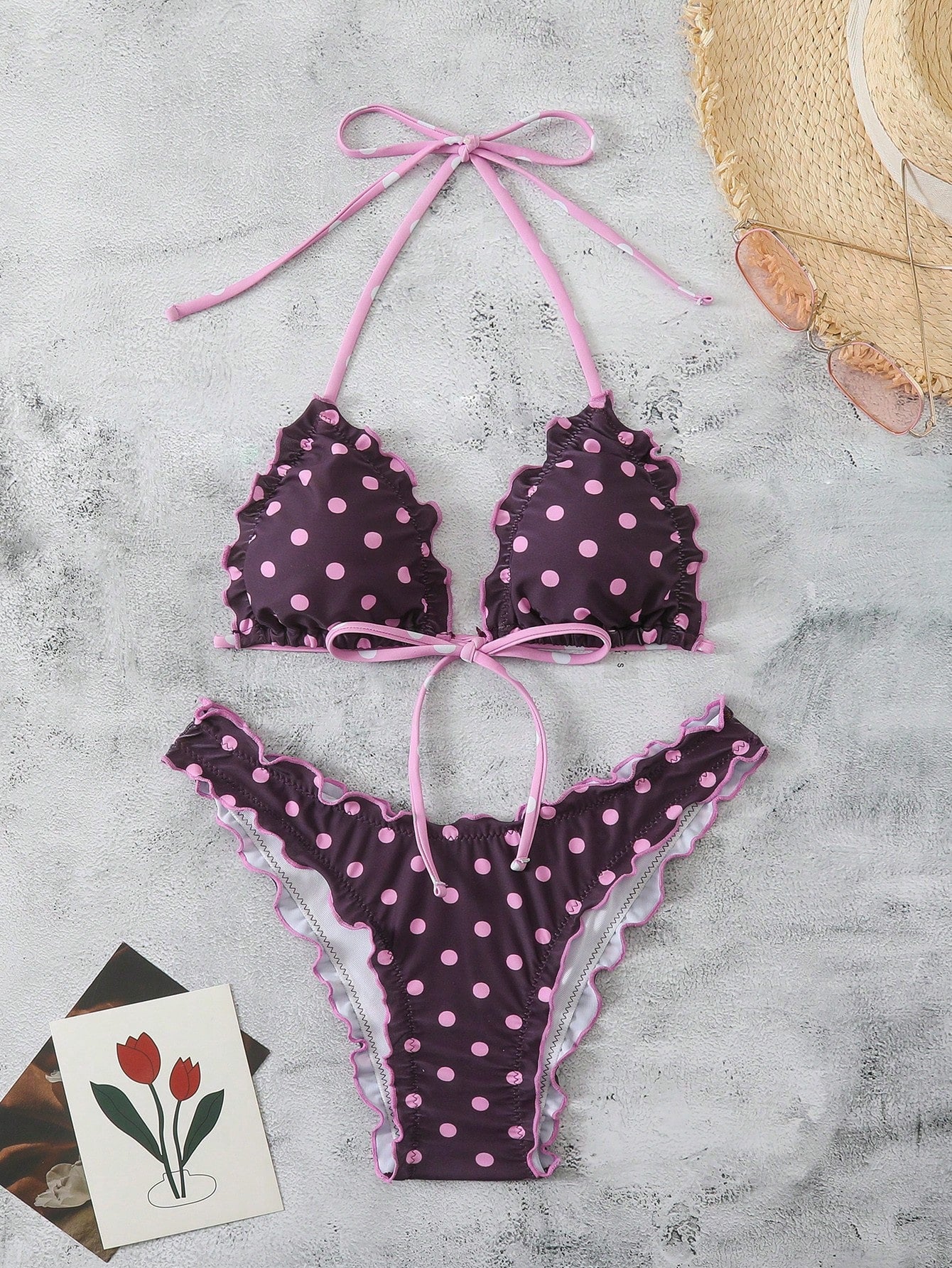 Swim Mod Women's Summer Polka Dot Print Camisole Tie Bow Bikini Two Pieces Swimw