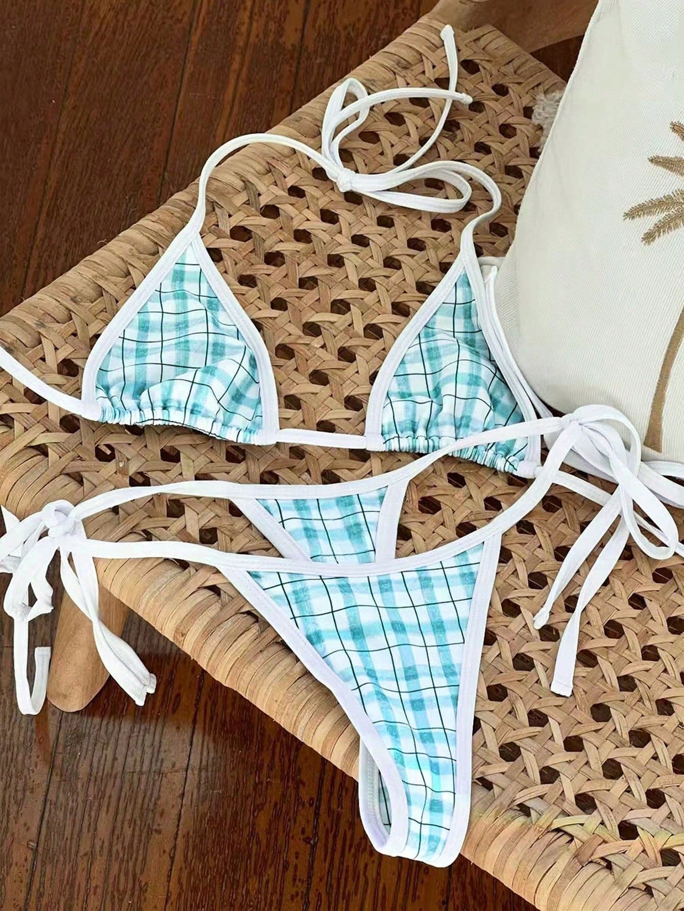 Women's Spring/Summer New Blue & White Plaid Halter Tie Fashionable