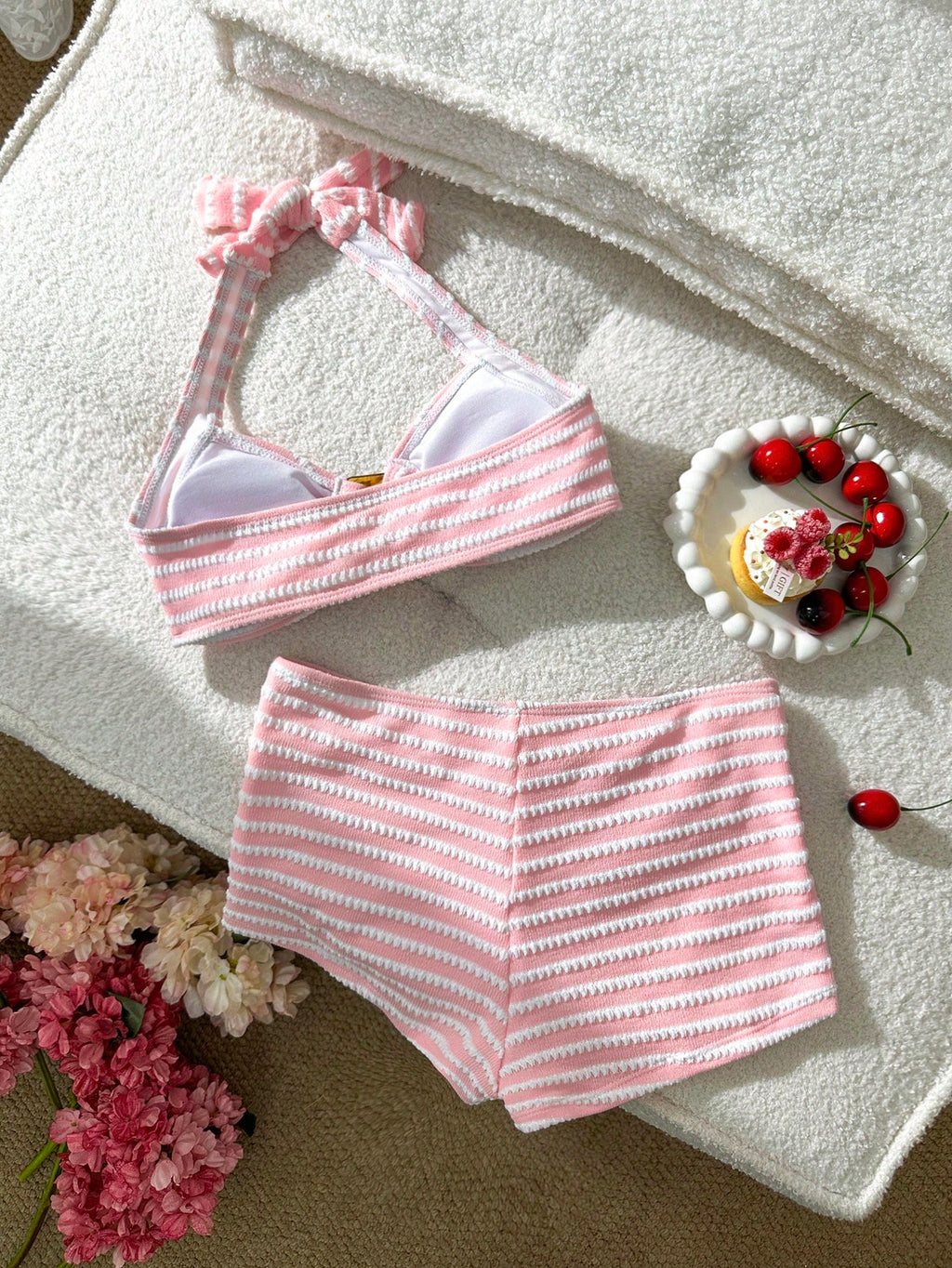 Swim Mod Women's Cute Vacation Pink Striped Halter Neck Swimsuit Set