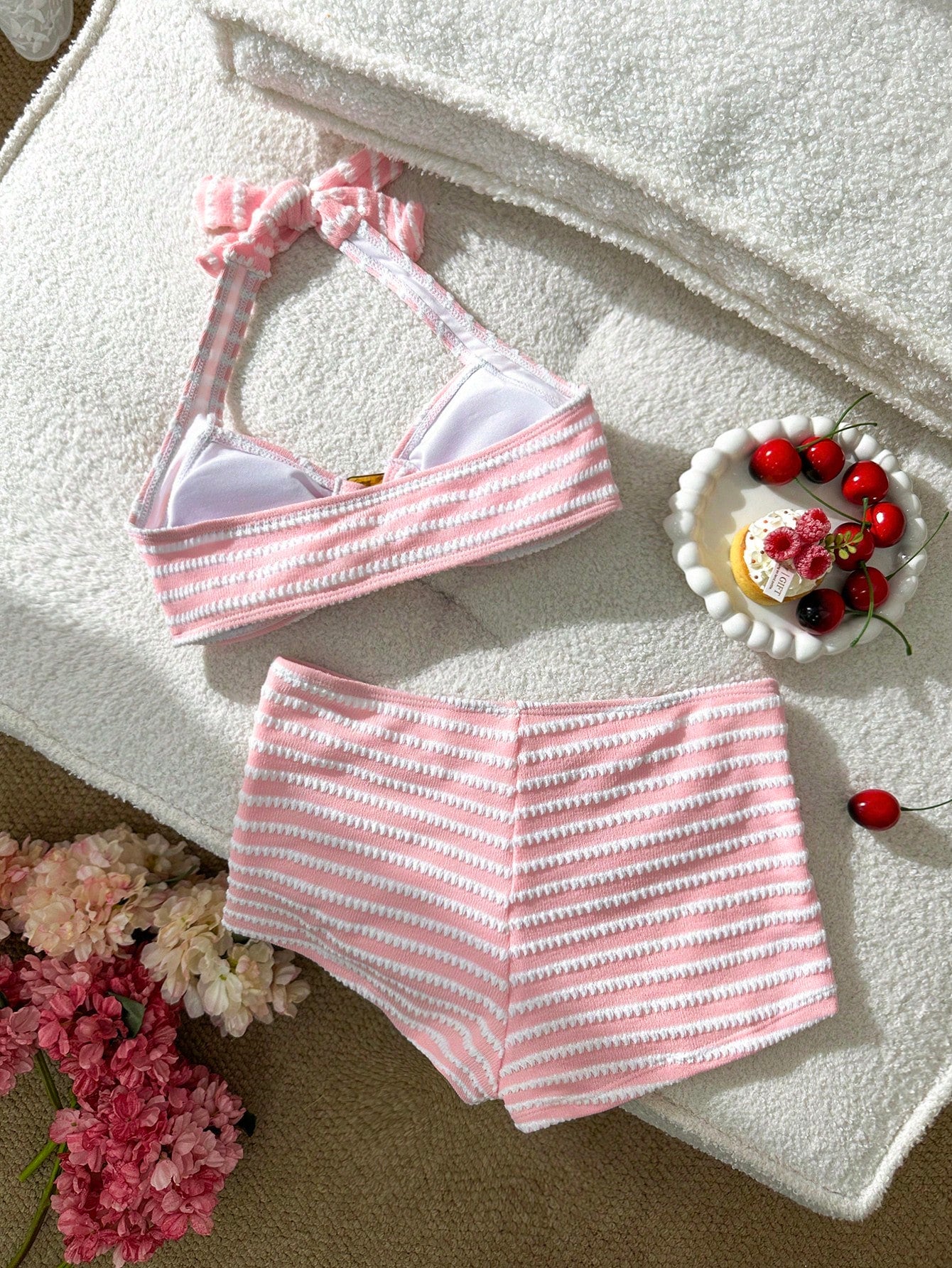 Swim Mod Women's Cute Vacation Pink Striped Halter Neck Swimsuit Set