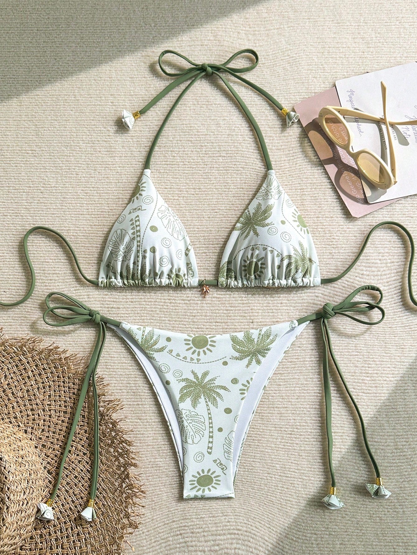 Swim Vcay Women's Summer Beach Palm Tree Print Halter Tie Sexy Bikini