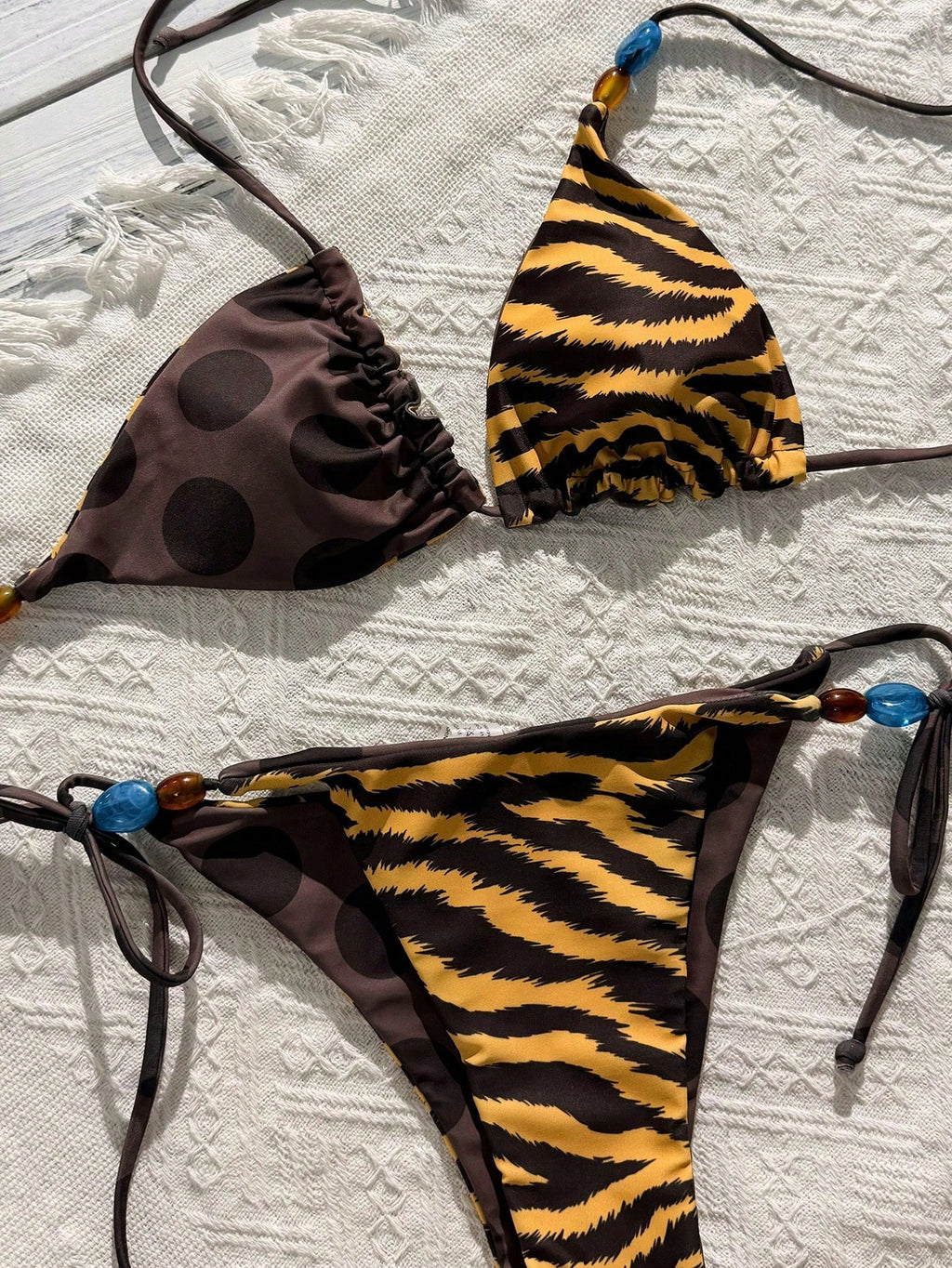 Women's Swimwear Bikini,Retro Animal Print Polka Dot Print Reversible