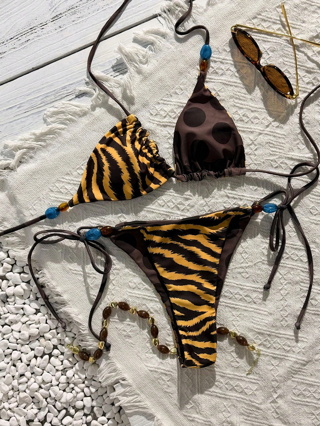 Women's Swimwear Bikini,Retro Animal Print Polka Dot Print Reversible