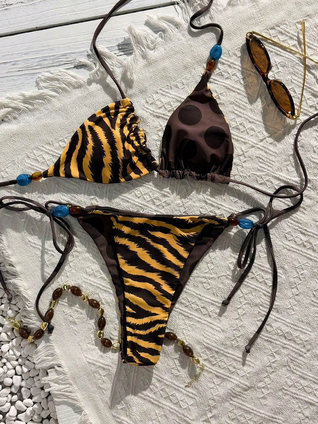 Women's Swimwear Bikini,Retro Animal Print Polka Dot Print Reversible