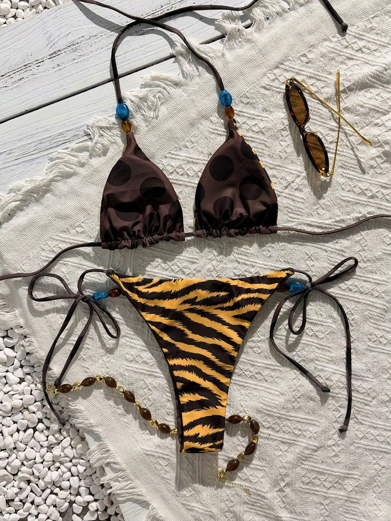 Women's Swimwear Bikini,Retro Animal Print Polka Dot Print Reversible