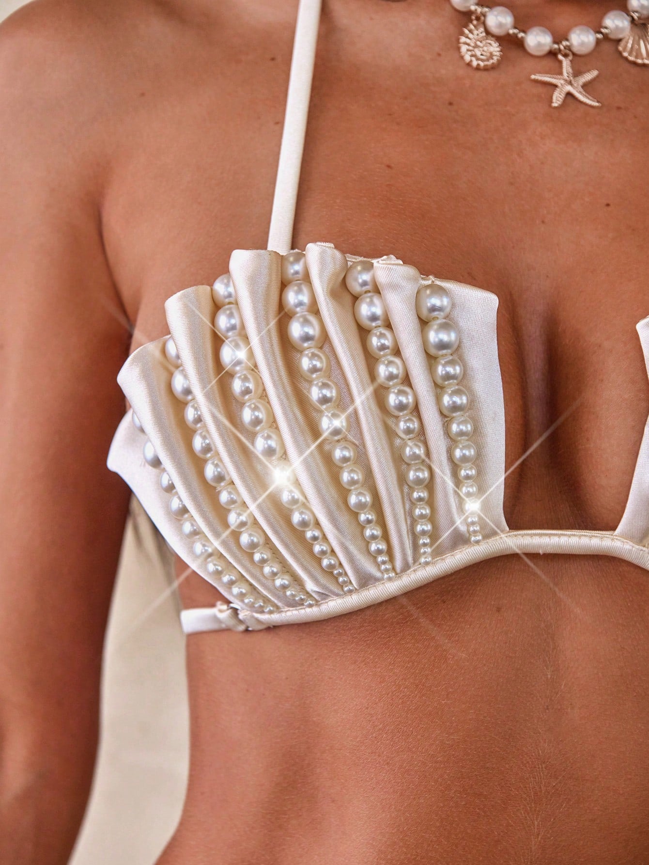 Aloruh Women's White Champagne Satin Shiny Swimwear,Shell Cup With Pearl Beaded,Elegant Summer Holiday Pool - image 6