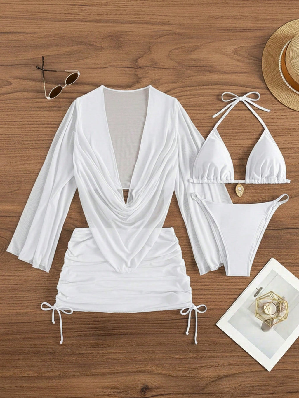 4pcs Sexy Solid Color Bikini Set With Sheer Cover-Up, Suitable For Vacation, Bea