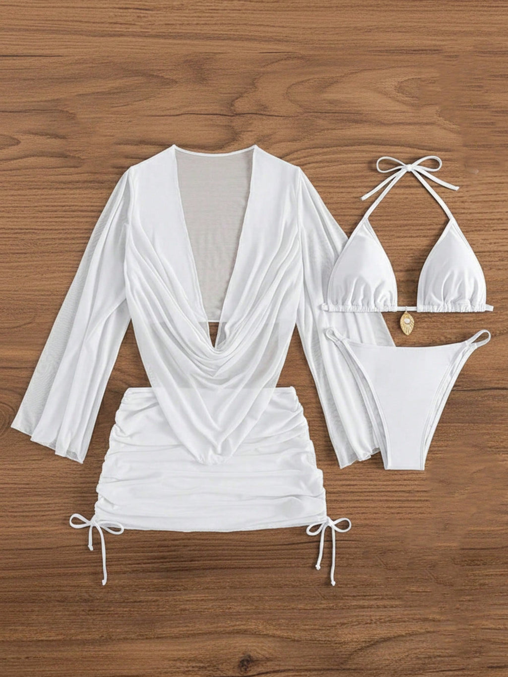 4pcs Sexy Solid Color Bikini Set With Sheer Cover-Up, Suitable For Vacation, Bea