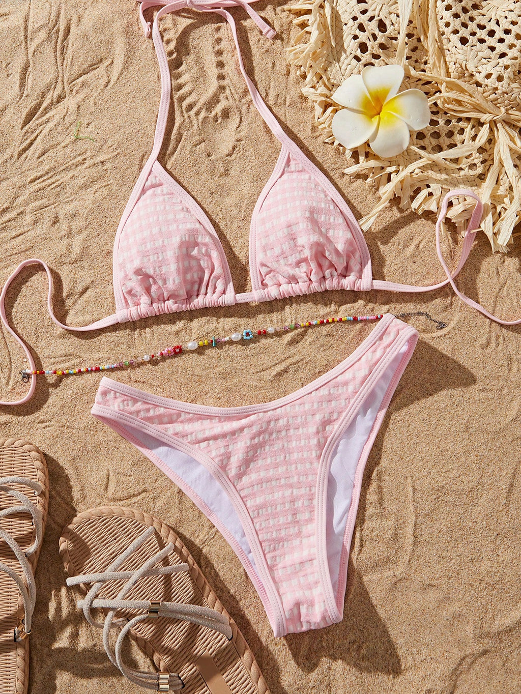 PEPPERMOLLY 2026 Summer Beach Bikini Set - Women's Pink Plaid