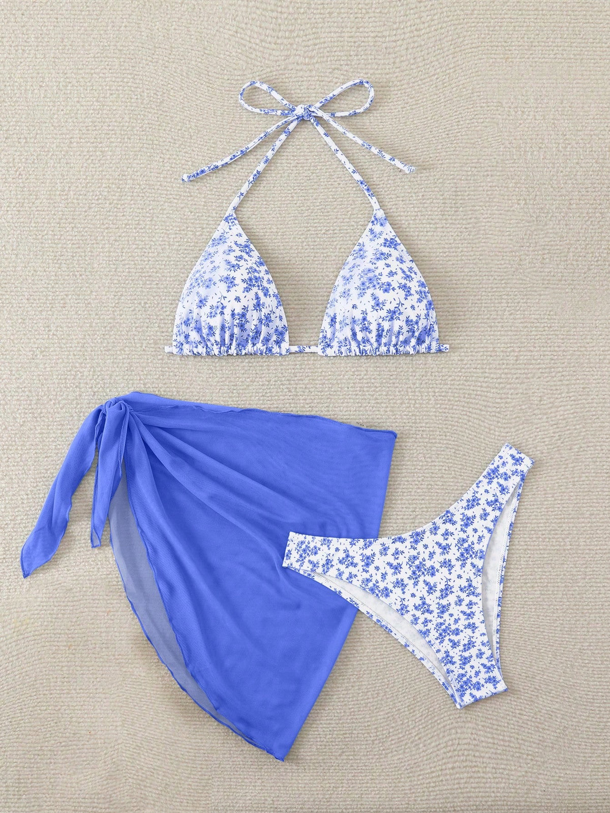 Swim Mod Women's Summer Beach Floral Print Halter Tie Sexy Bikini And Triangle Panty Swimwear Set With Mini - image 19
