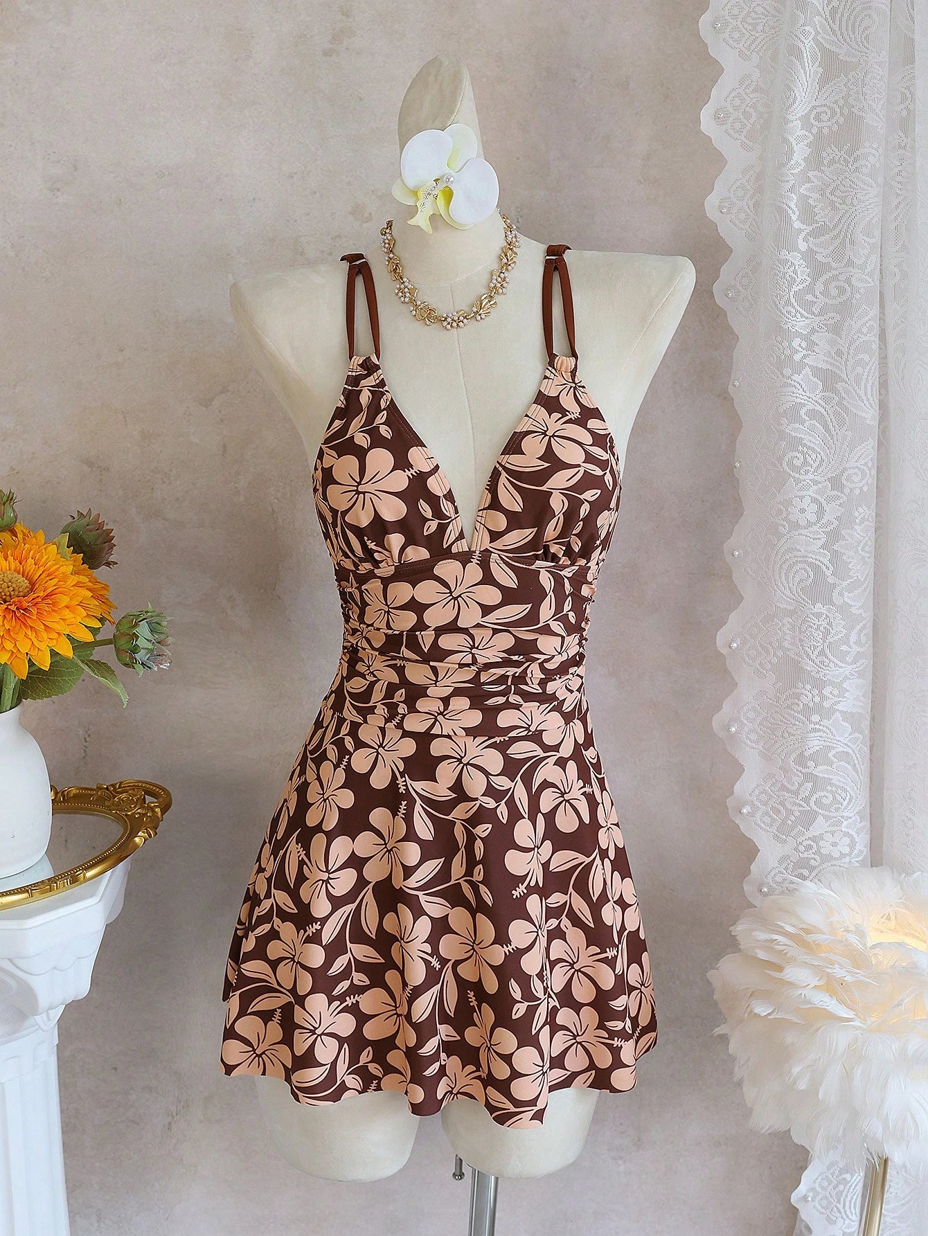 Swim Lushoire Women's Beach Music Festival Spring/Summer Floral Print Double Shoulder Strap Gathered Cinched - image 3