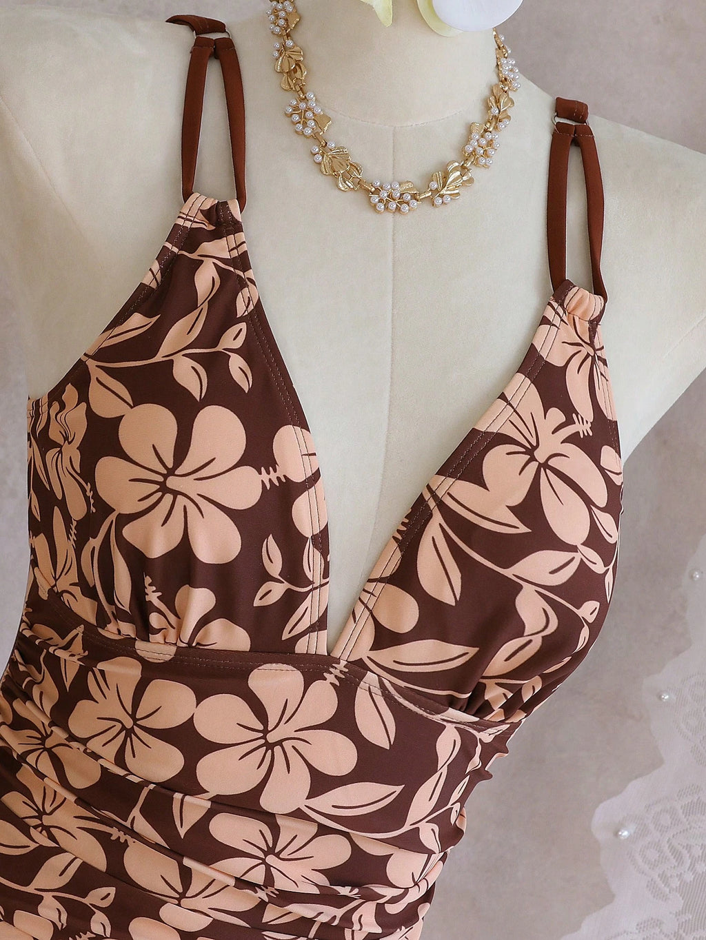 Swim Lushoire Women's Beach Music Festival Spring/Summer Floral Print Double Shoulder Strap Gathered Cinched - image 5