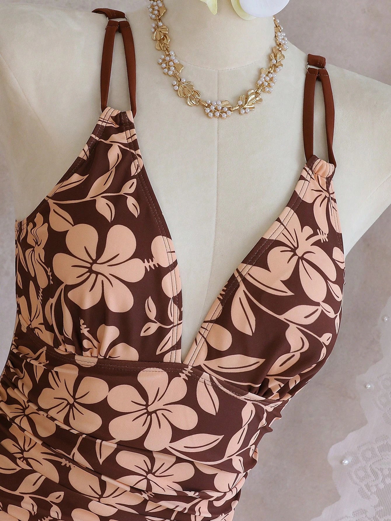 Swim Lushoire Women's Beach Music Festival Spring/Summer Floral Print Double Shoulder Strap Gathered Cinched - image 5