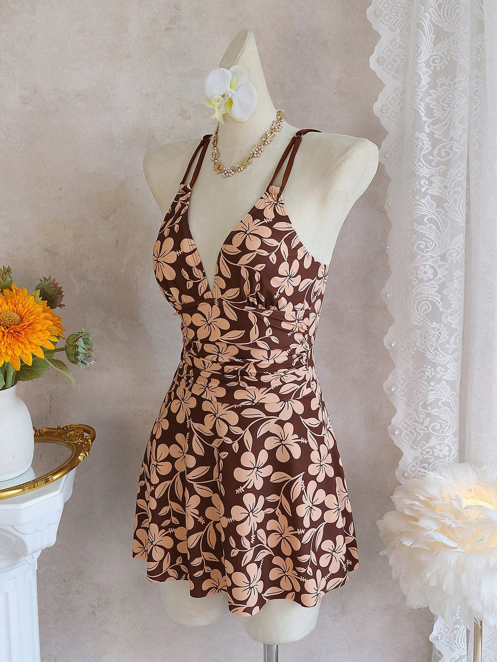 Swim Lushoire Women's Beach Music Festival Spring/Summer Floral Print Double Shoulder Strap Gathered Cinched - image 6
