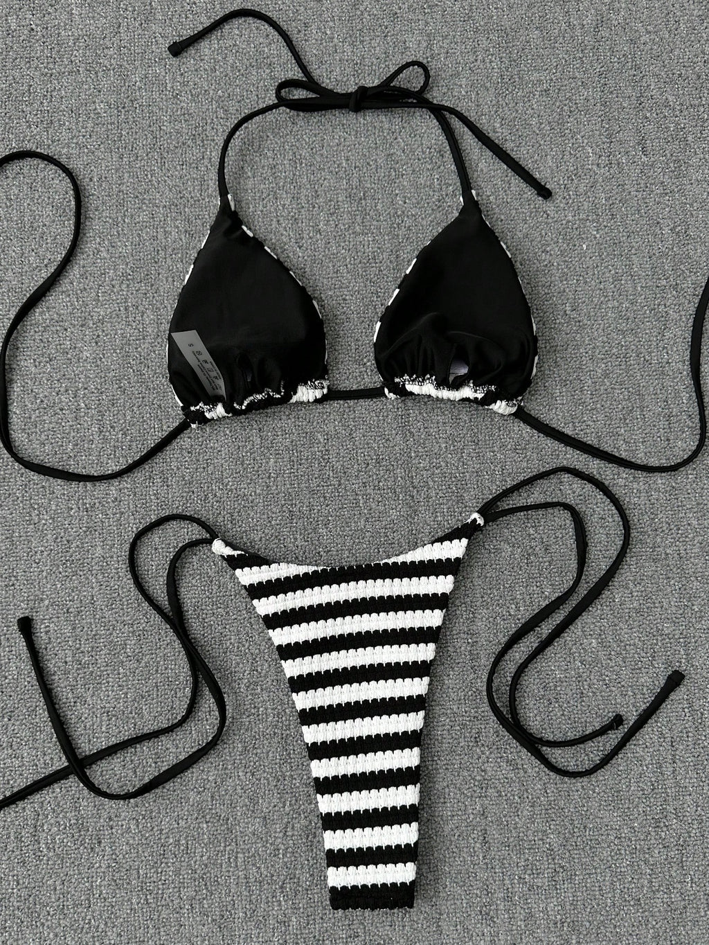 2pcs/Set Women's Sexy Backless Bikini Set, Black & White Striped Triangle Top With Halter Neck Design, - image 2