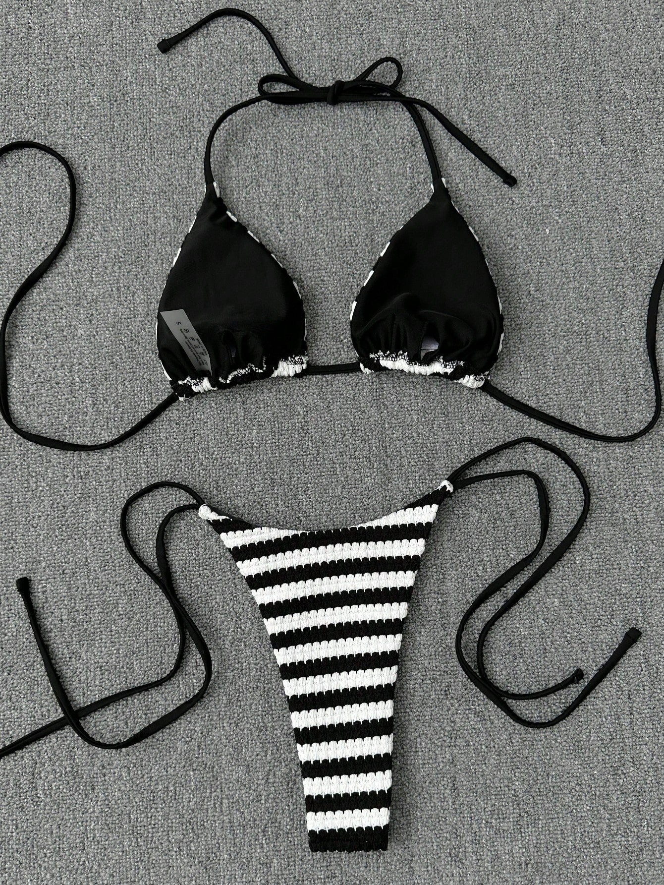 2pcs/Set Women's Sexy Backless Bikini Set, Black & White Striped Triangle Top With Halter Neck Design, - image 2