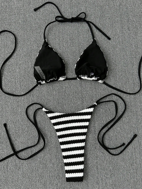 2pcs/Set Women's Sexy Backless Bikini Set, Black & White Striped Triangle Top With Halter Neck Design, - image 2