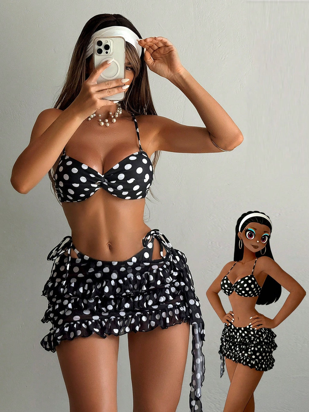 Bonvoyette Women's 3 Piece White With Black Polka Dots Bikini Set,Summer 70s Retro Holiday Beach Outfits,Pool - image 10