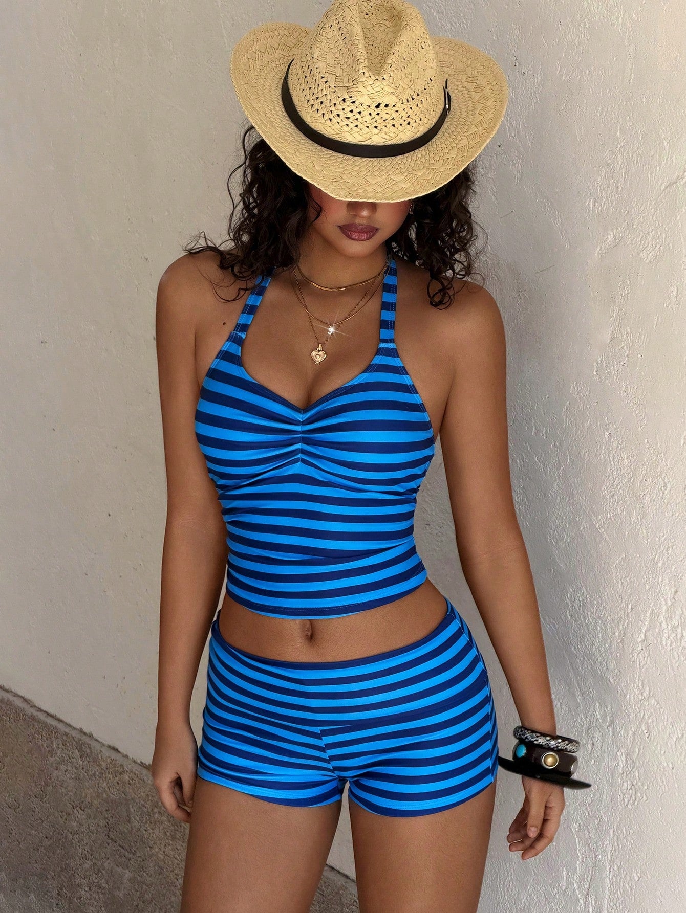 Women's Two-Piece Swimwear, Elegant Sexy Striped Print Short Swim Top