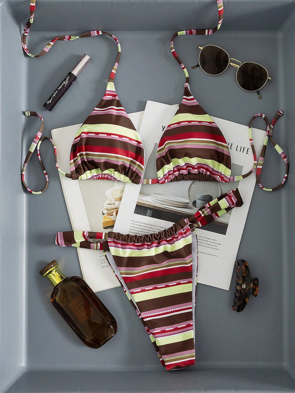 Women's Sexy Colorful Striped Bohemian Style Halter Tie Back Bikini