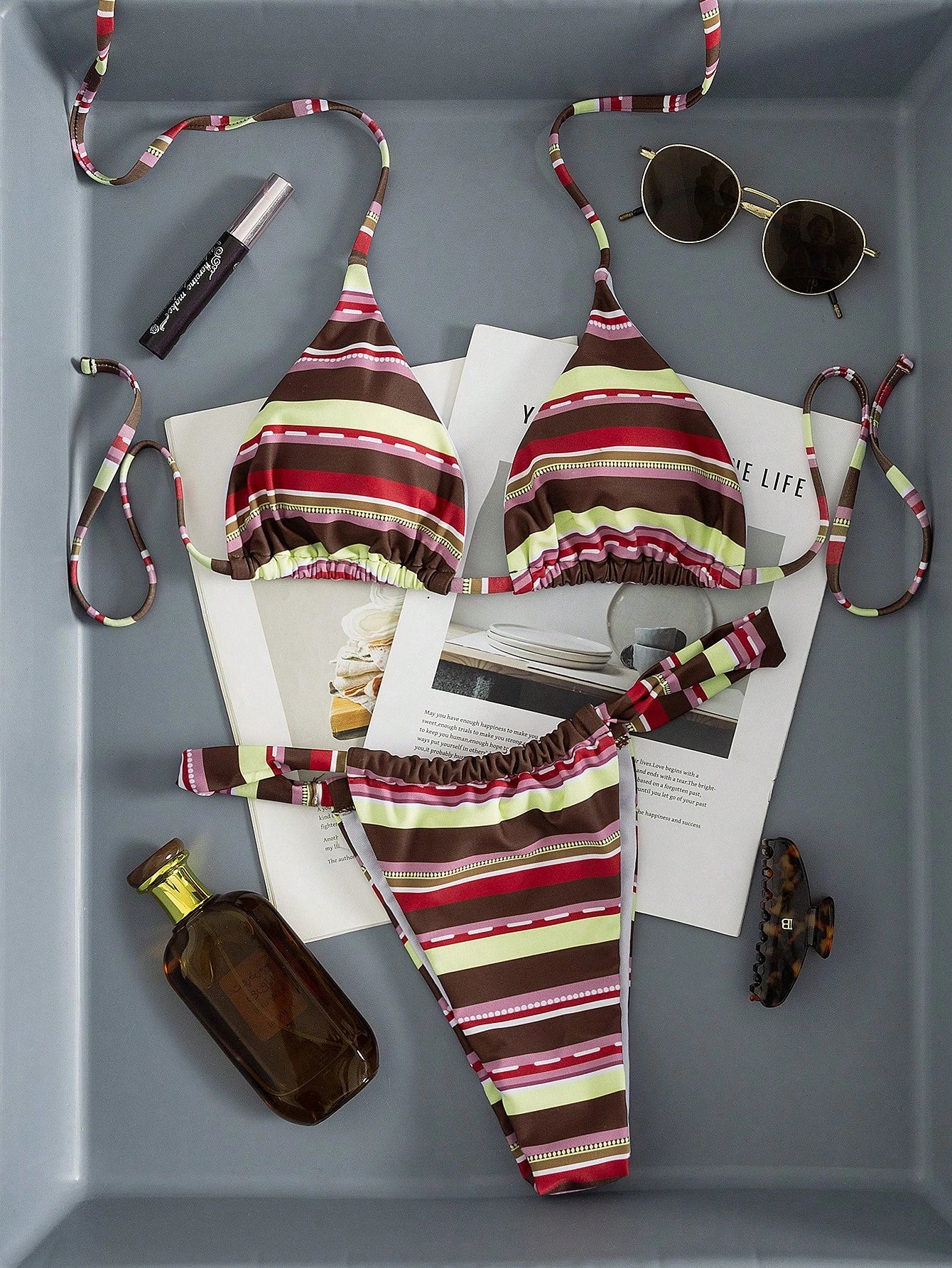 Women's Sexy Colorful Striped Bohemian Style Halter Tie Back Bikini