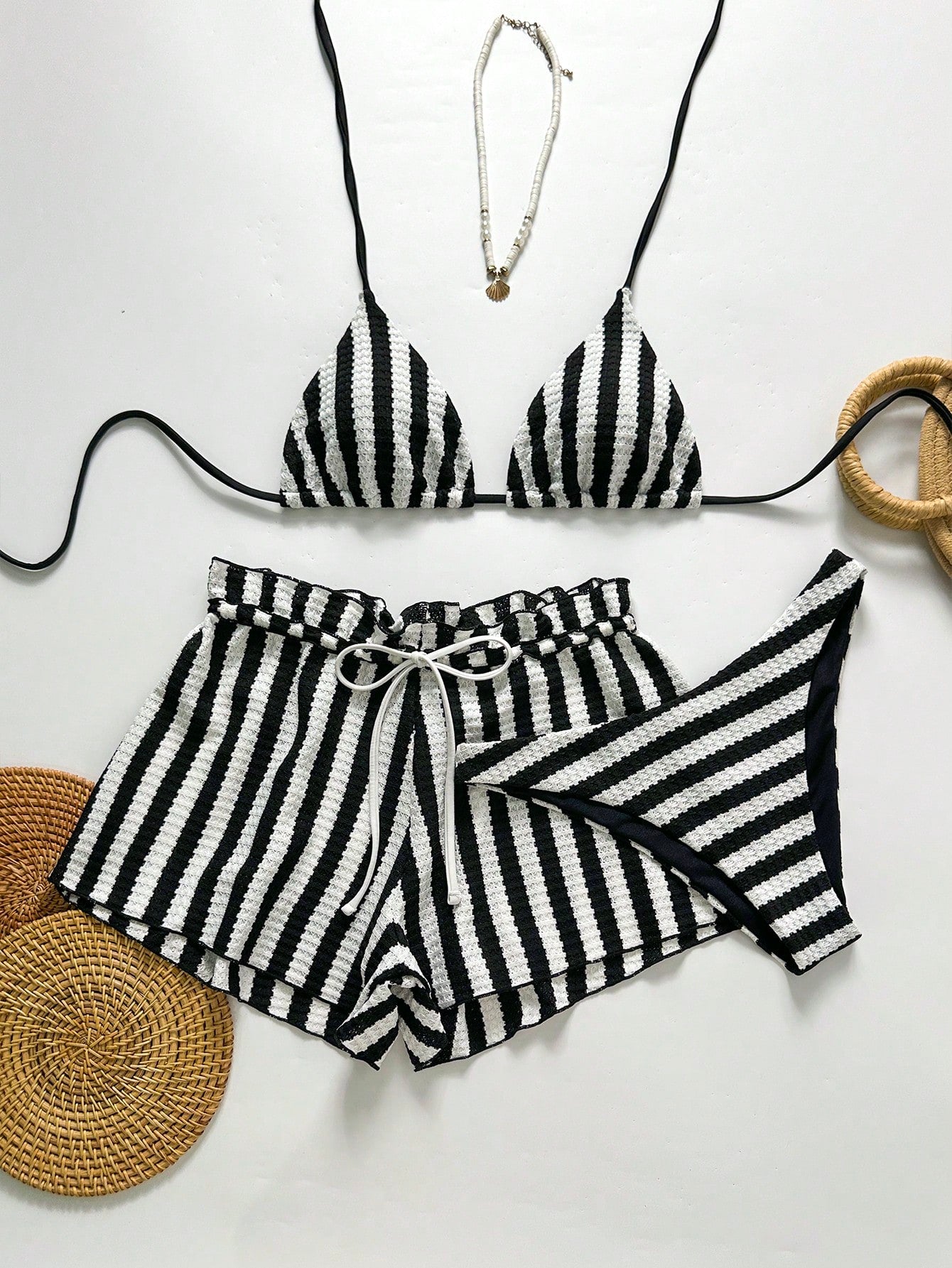 Swim Chiccia Women's Black And White Striped 3 Pieces Beach Set, Halter Tie Bikini Swimwear With