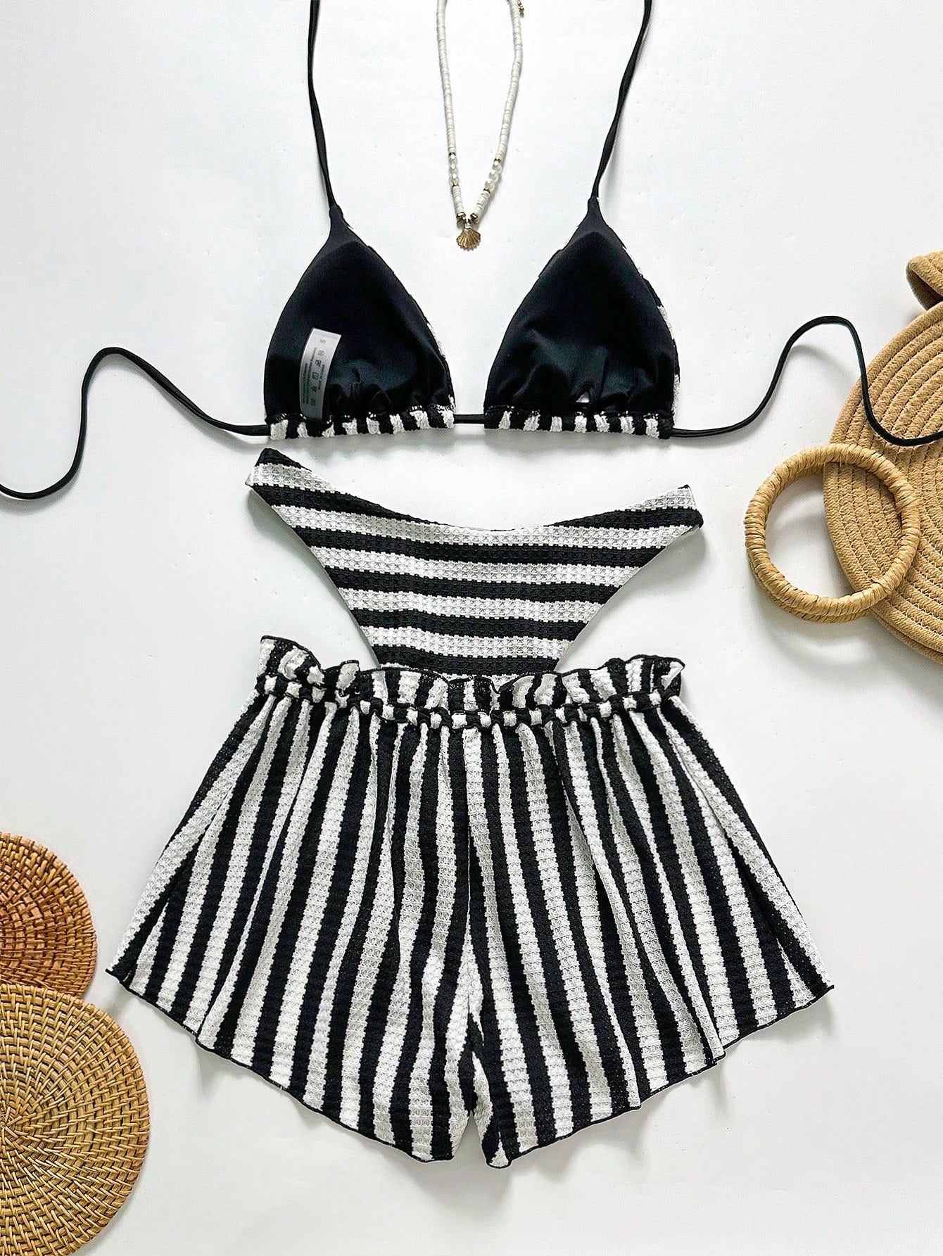Swim Chiccia Women's Black And White Striped 3 Pieces Beach Set, Halter Tie Bikini Swimwear With - image 2