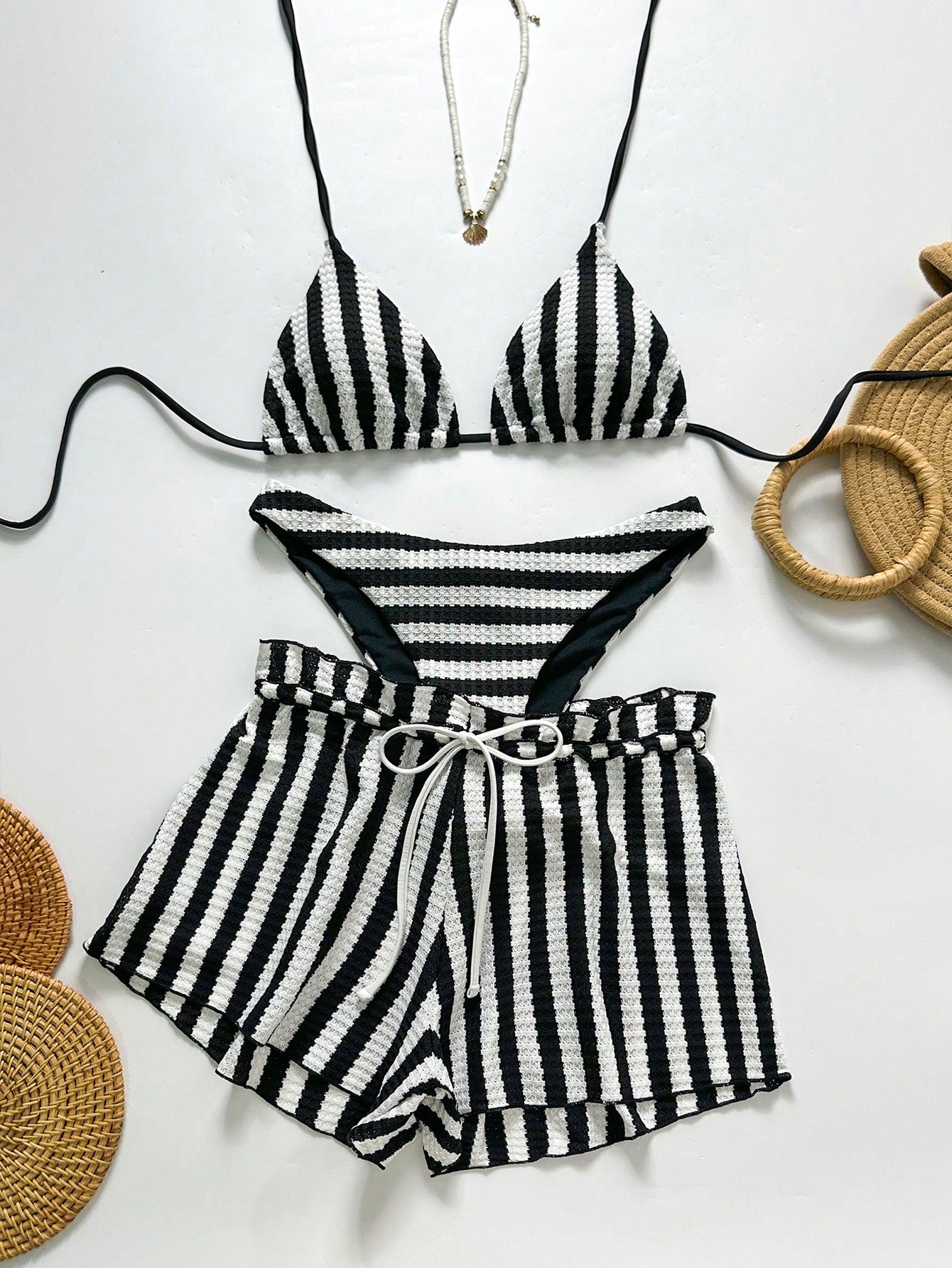 Swim Chiccia Women's Black And White Striped 3 Pieces Beach Set, Halter Tie Bikini Swimwear With - image 6