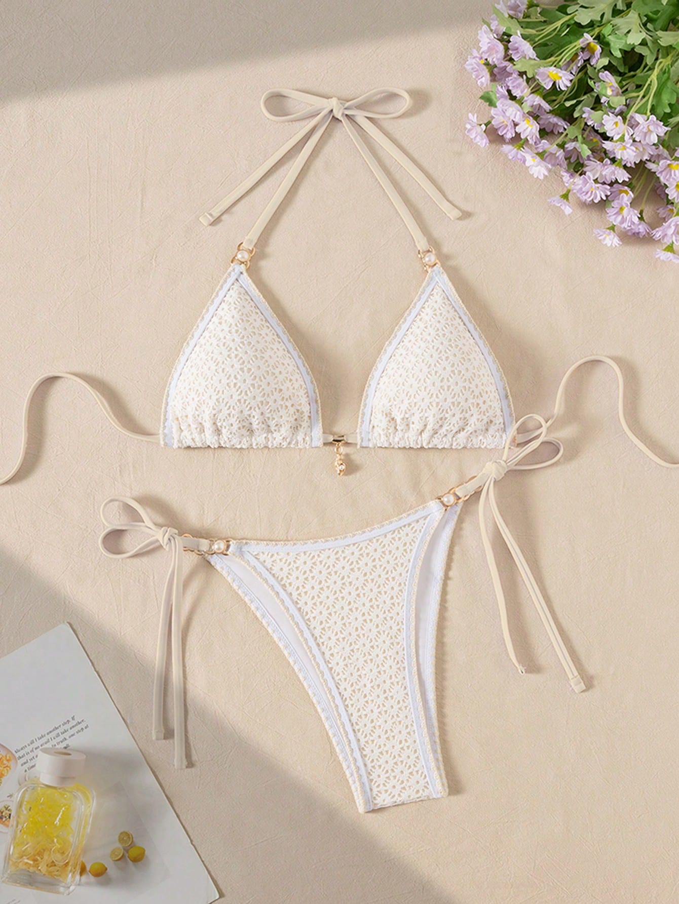 Swim Vcay Women's Hollow Out Blue Shell & Pearl Decor Sexy Bikini Set, Beach Summer Outfits - image 2