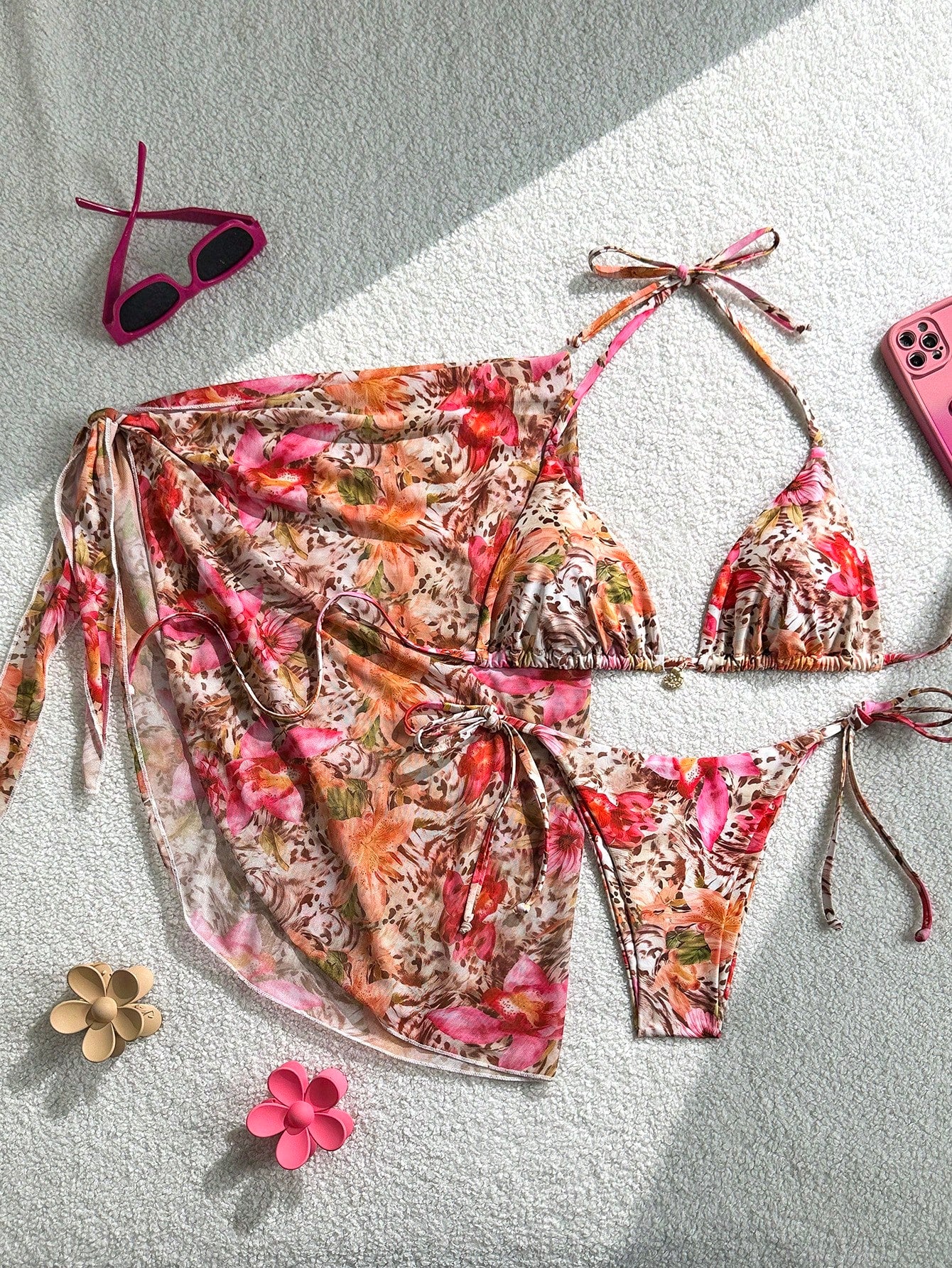 Swim Mod 3pcs/Set Women's Random Print Halter Neck Beach Dress,