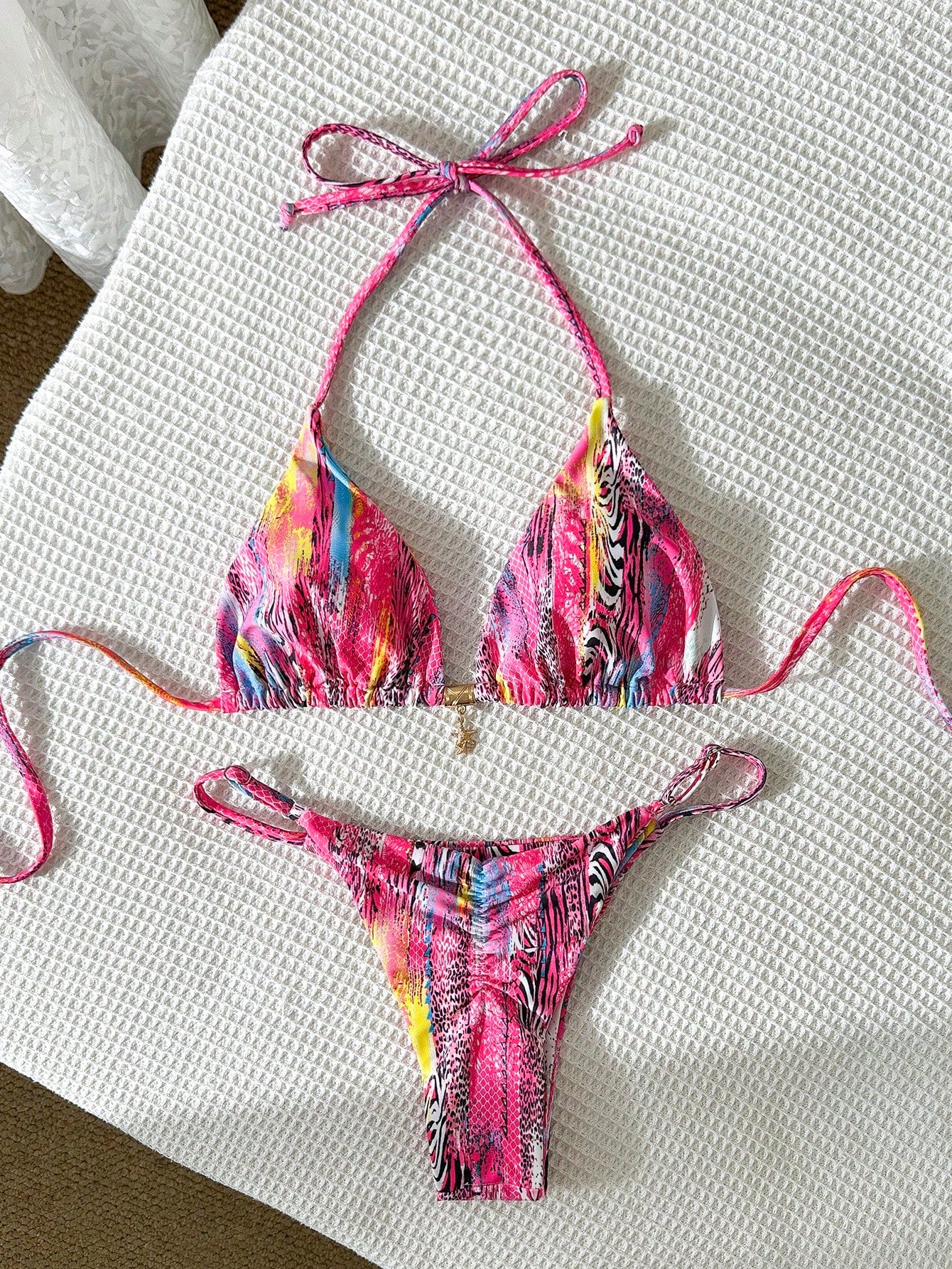 Swim Mod Multicolor Fabric Tropical Halter Bikini Set Knot Tie Side