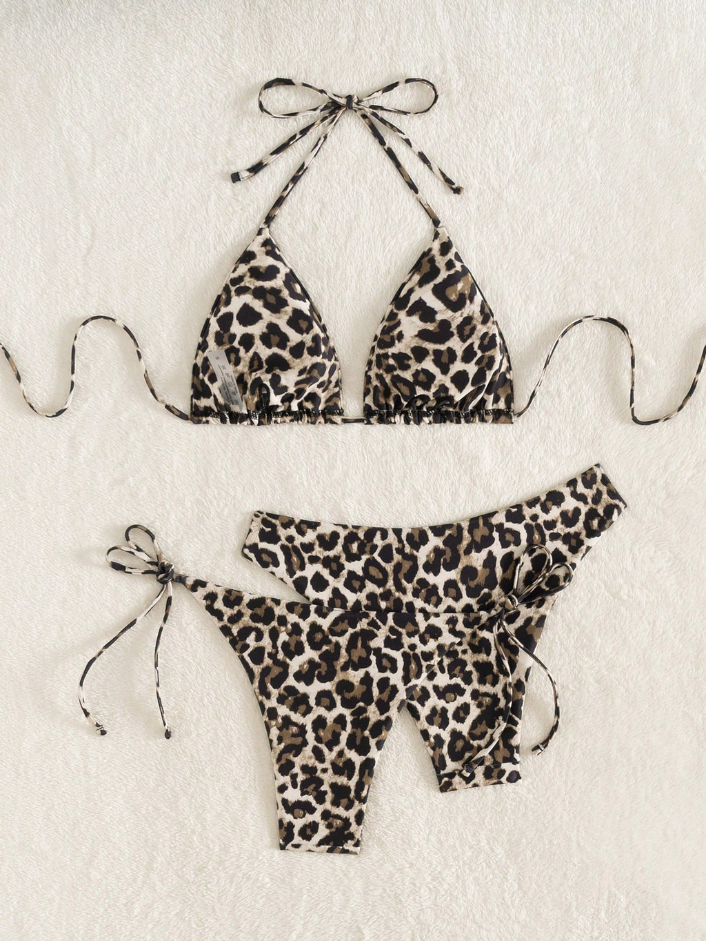 Swim Vcay 3pcs Leopard Print Triangle Bikini Set,Halter Neck Backless