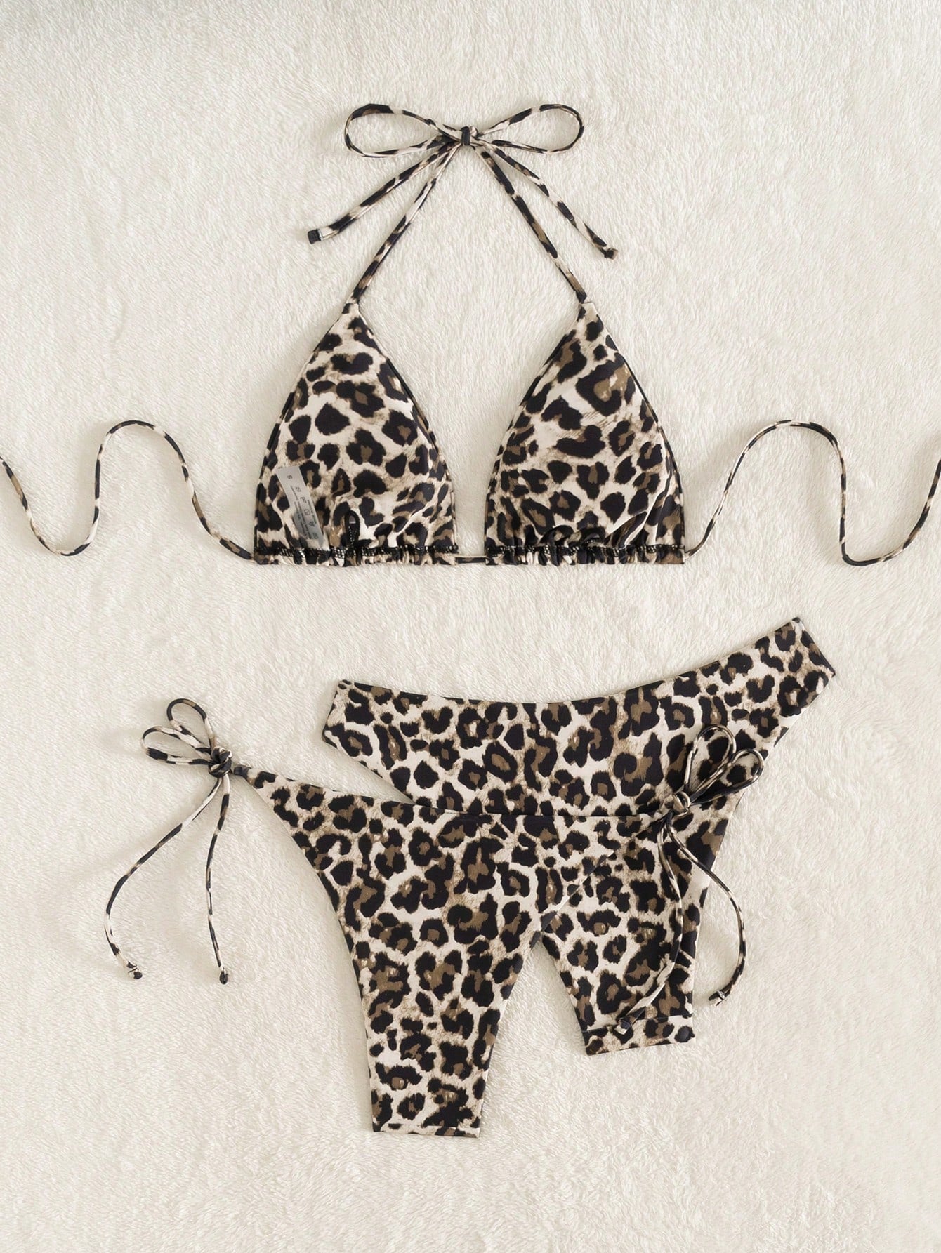 Swim Vcay 3pcs Leopard Print Triangle Bikini Set,Halter Neck Backless