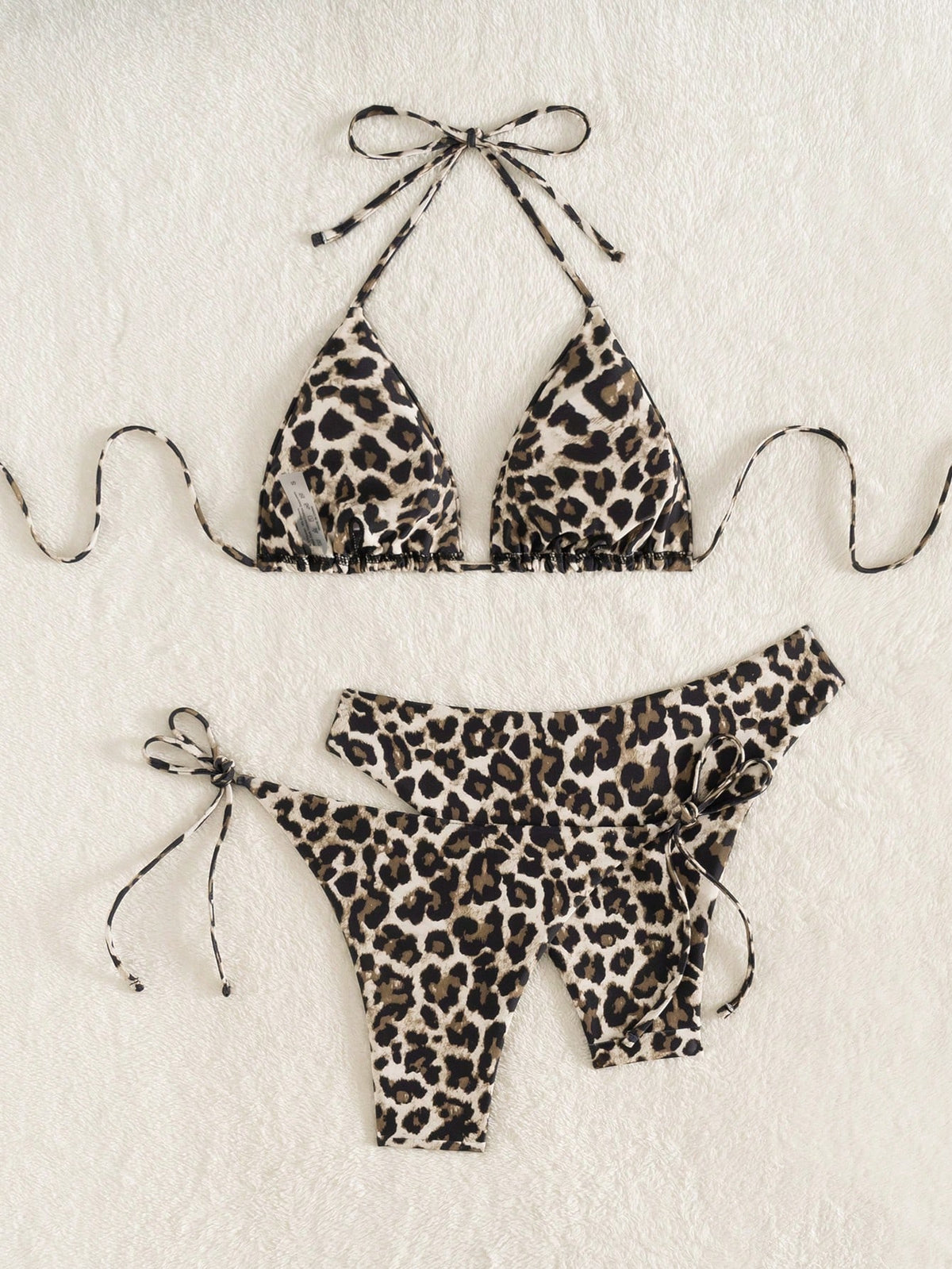Swim Vcay 3pcs Leopard Print Triangle Bikini Set,Halter Neck Backless Tie Top,Knotted Bottom,Beige Summer - image 7