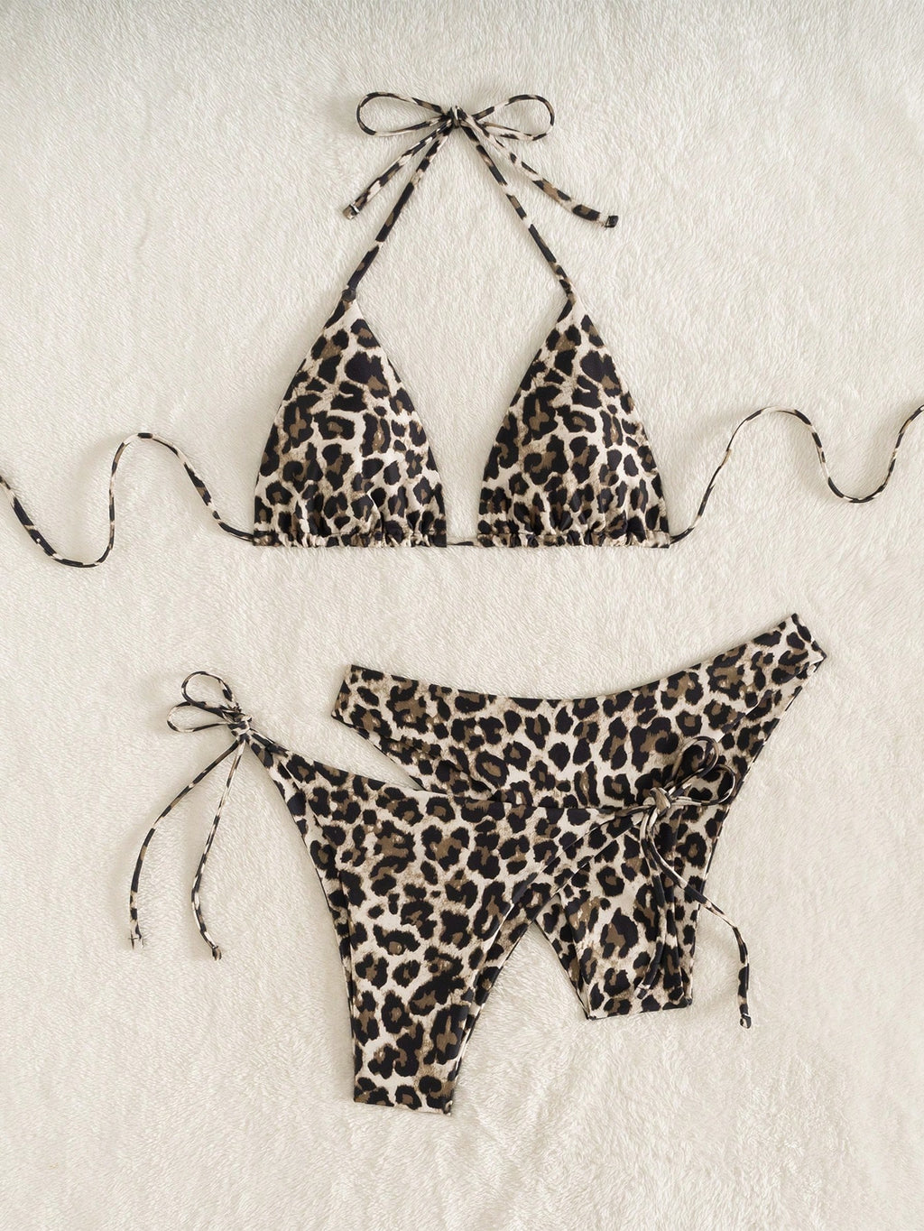 Swim Vcay 3pcs Leopard Print Triangle Bikini Set,Halter Neck Backless
