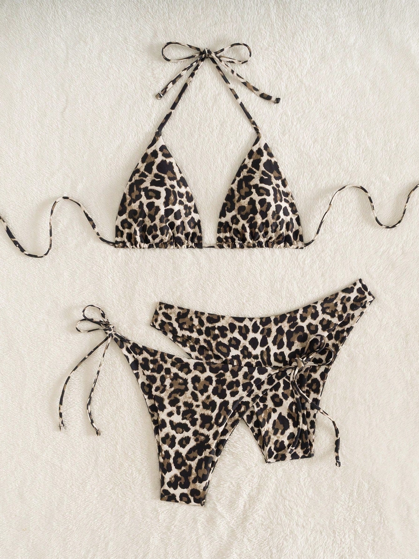Swim Vcay 3pcs Leopard Print Triangle Bikini Set,Halter Neck Backless