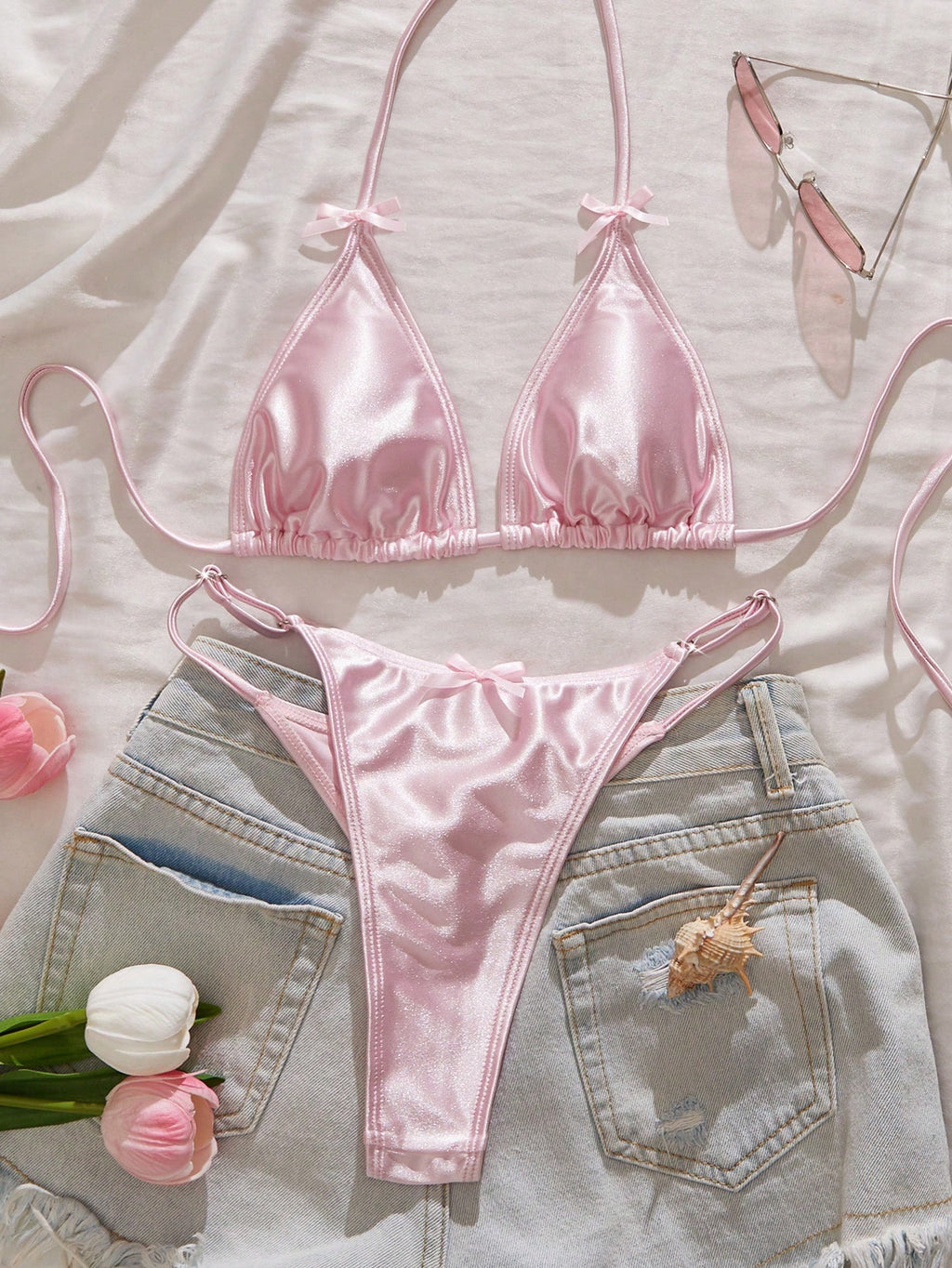 Women's Swimwear, Sexy Satin Shiny Bikini/Outerwear/Casual/Y2K/Sexy Outfit/Weste
