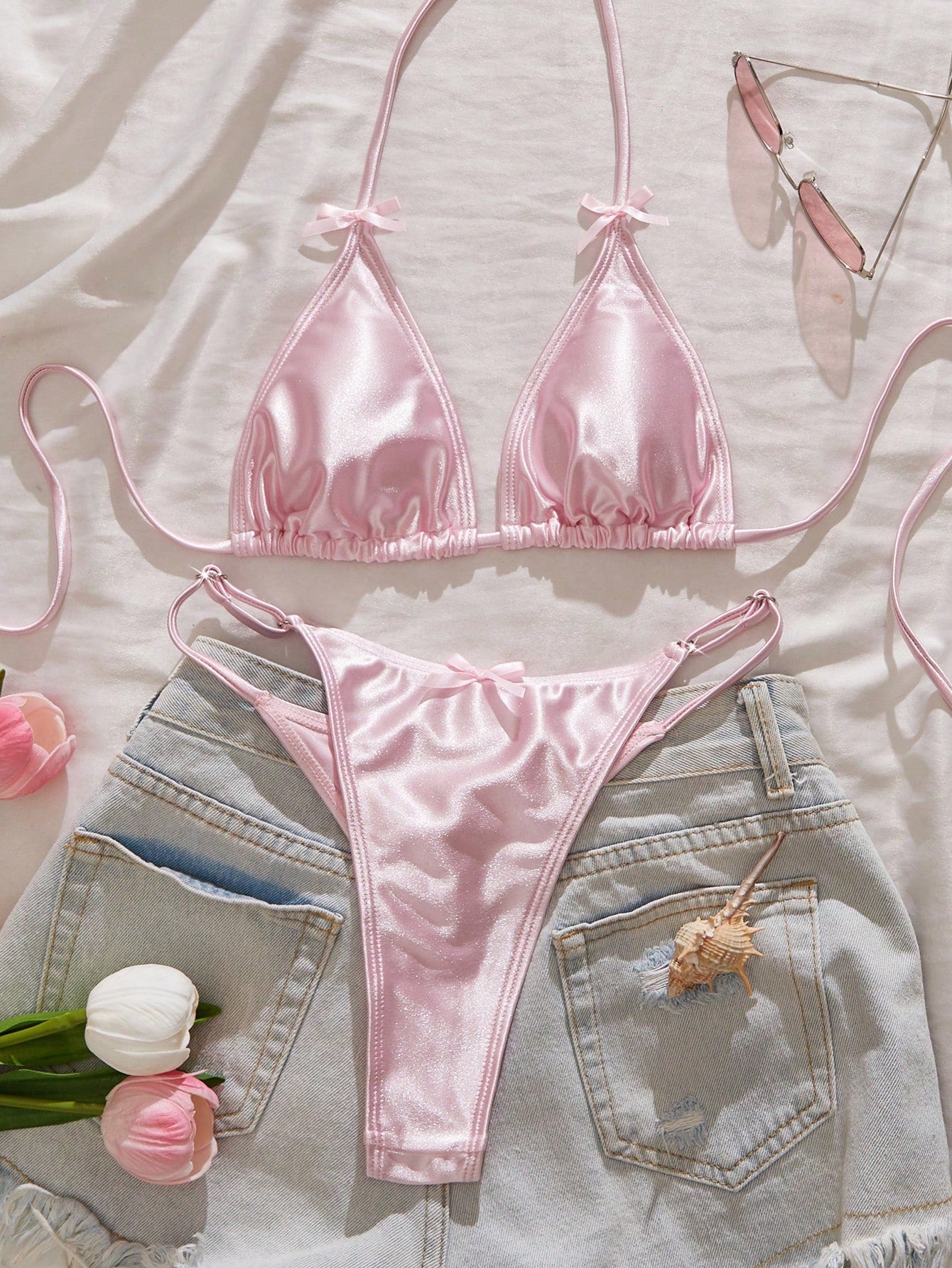 Women's Swimwear, Sexy Satin Shiny Bikini/Outerwear/Casual/Y2K/Sexy Outfit/Weste