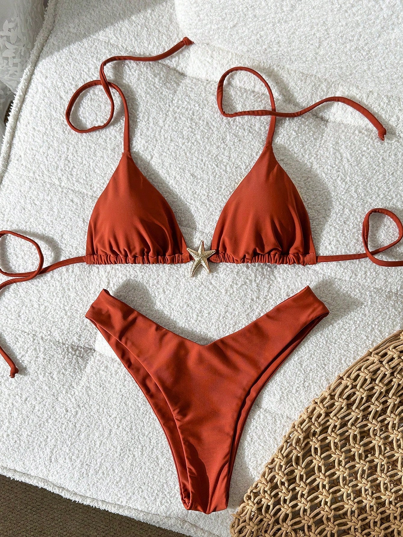 Swim Mod Women's Solid Color Metal Decor Spaghetti Strap Sexy Bikini