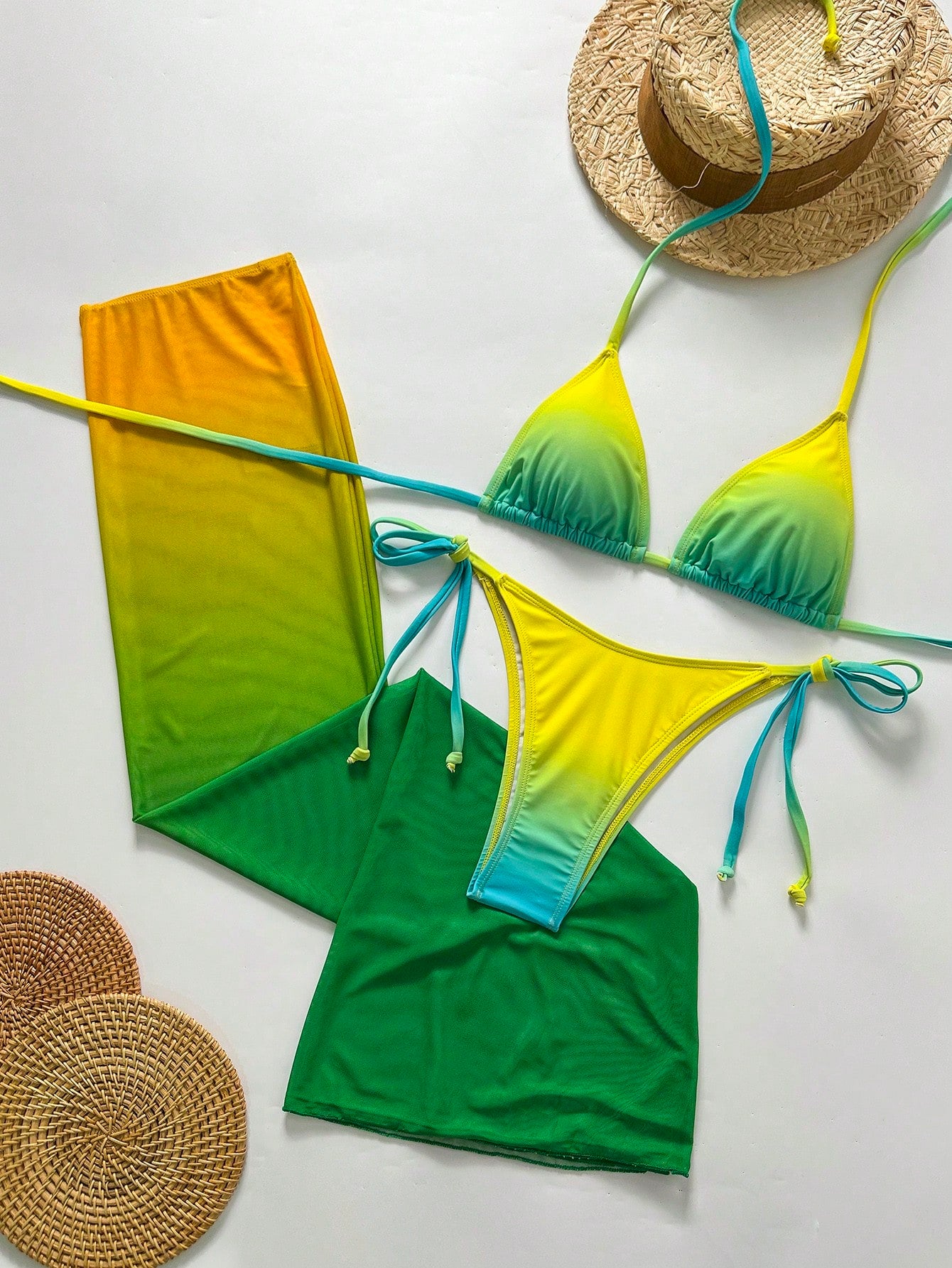 Women's Sexy Halter Lace-Up Ombre Bikini Set With Sheer Mesh Skirt,