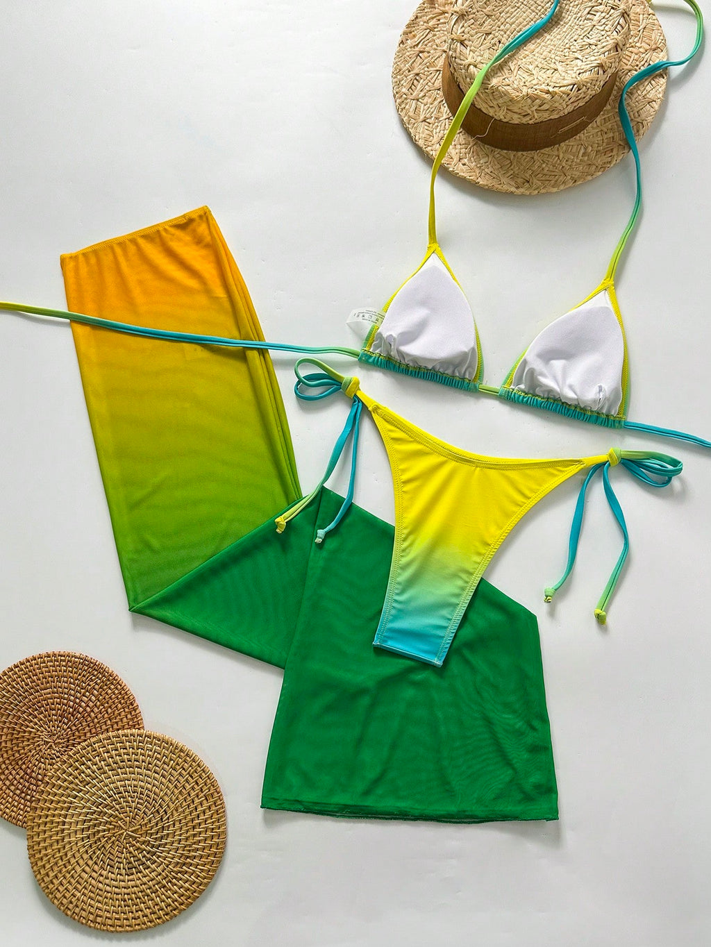 Women's Sexy Halter Lace-Up Ombre Bikini Set With Sheer Mesh Skirt,