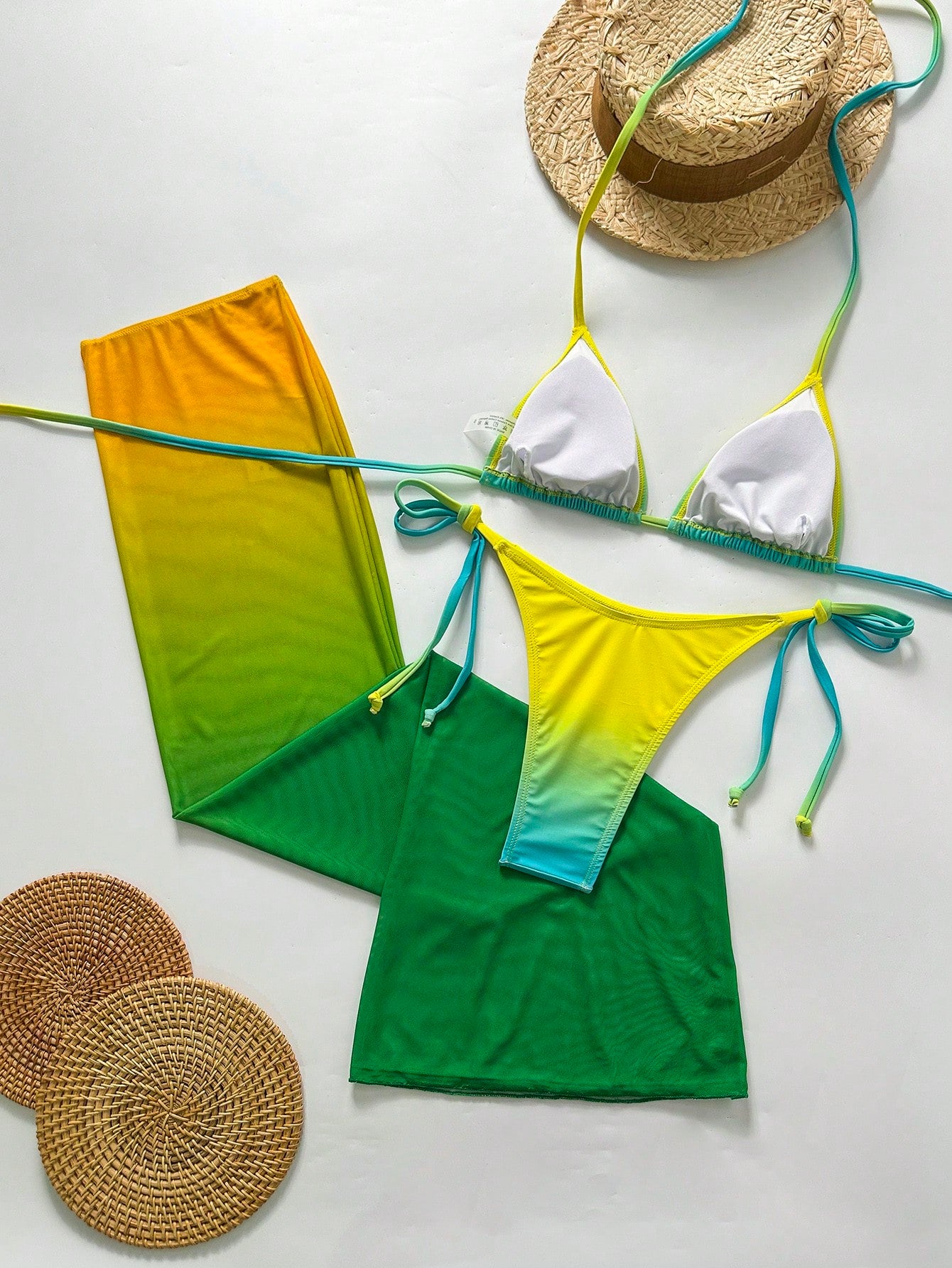 Women's Sexy Halter Lace-Up Ombre Bikini Set With Sheer Mesh Skirt,