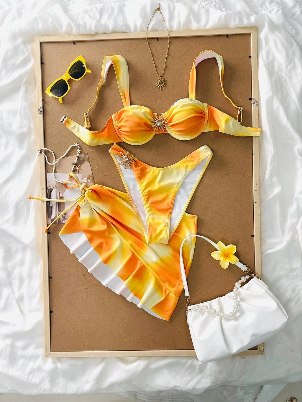3 Pieces Solid Color Tankini Swimwear Set, Wide Strap Design With Underwire For