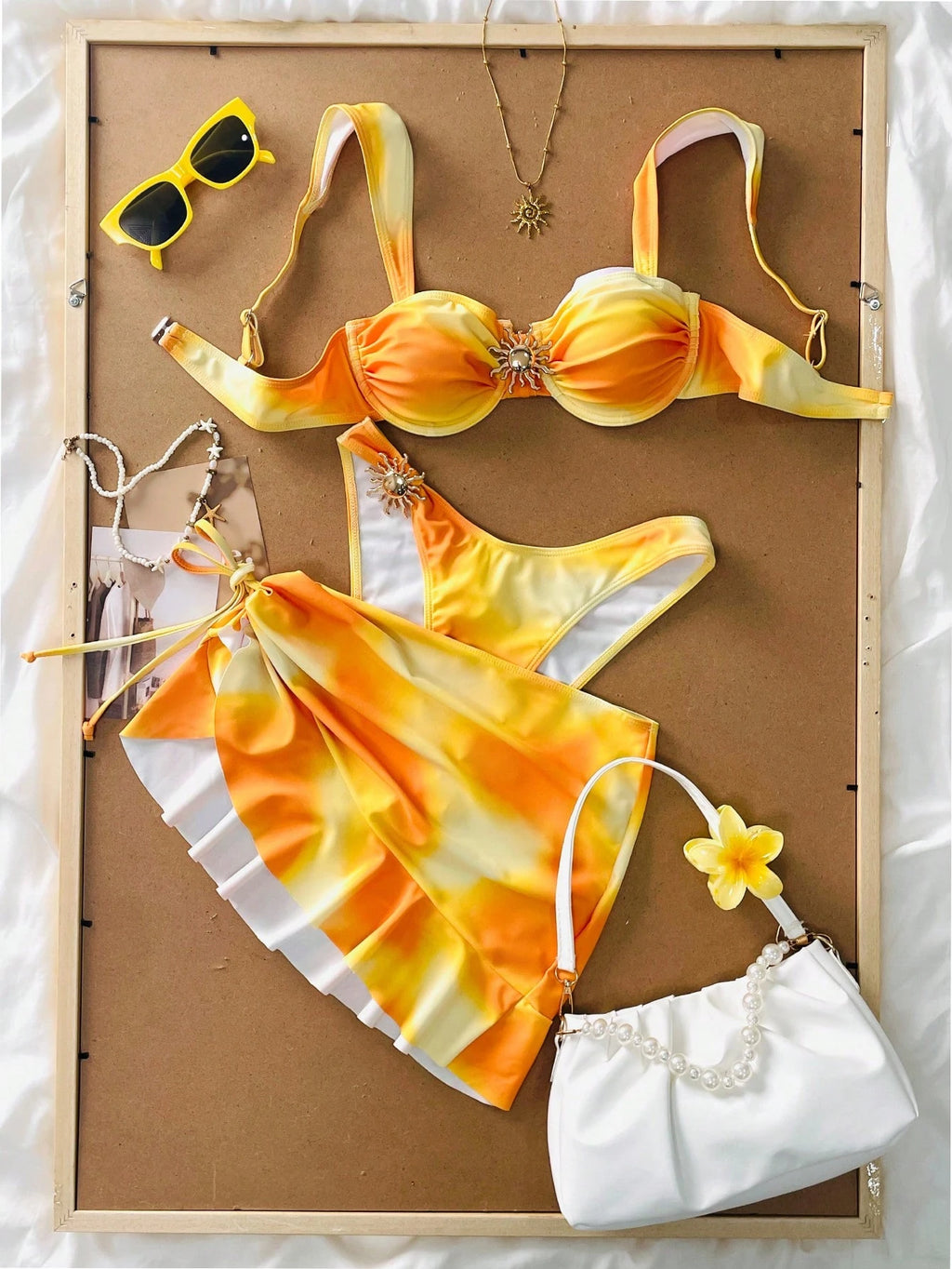 3 Pieces Solid Color Tankini Swimwear Set, Wide Strap Design With Underwire For