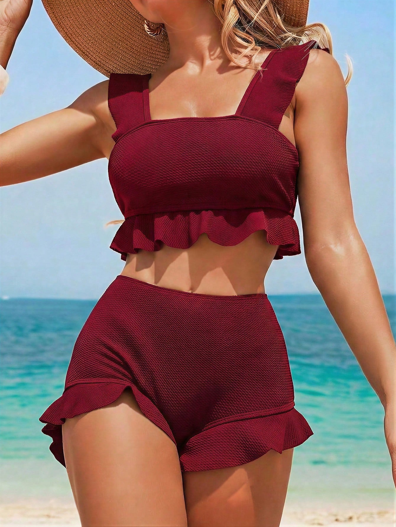 Swim Vcay Navy Blue Square Neck Ruffle Trim Bikini Set, Crop Top And Shorts, Bathing Suit 2 Pieces Set - image 9