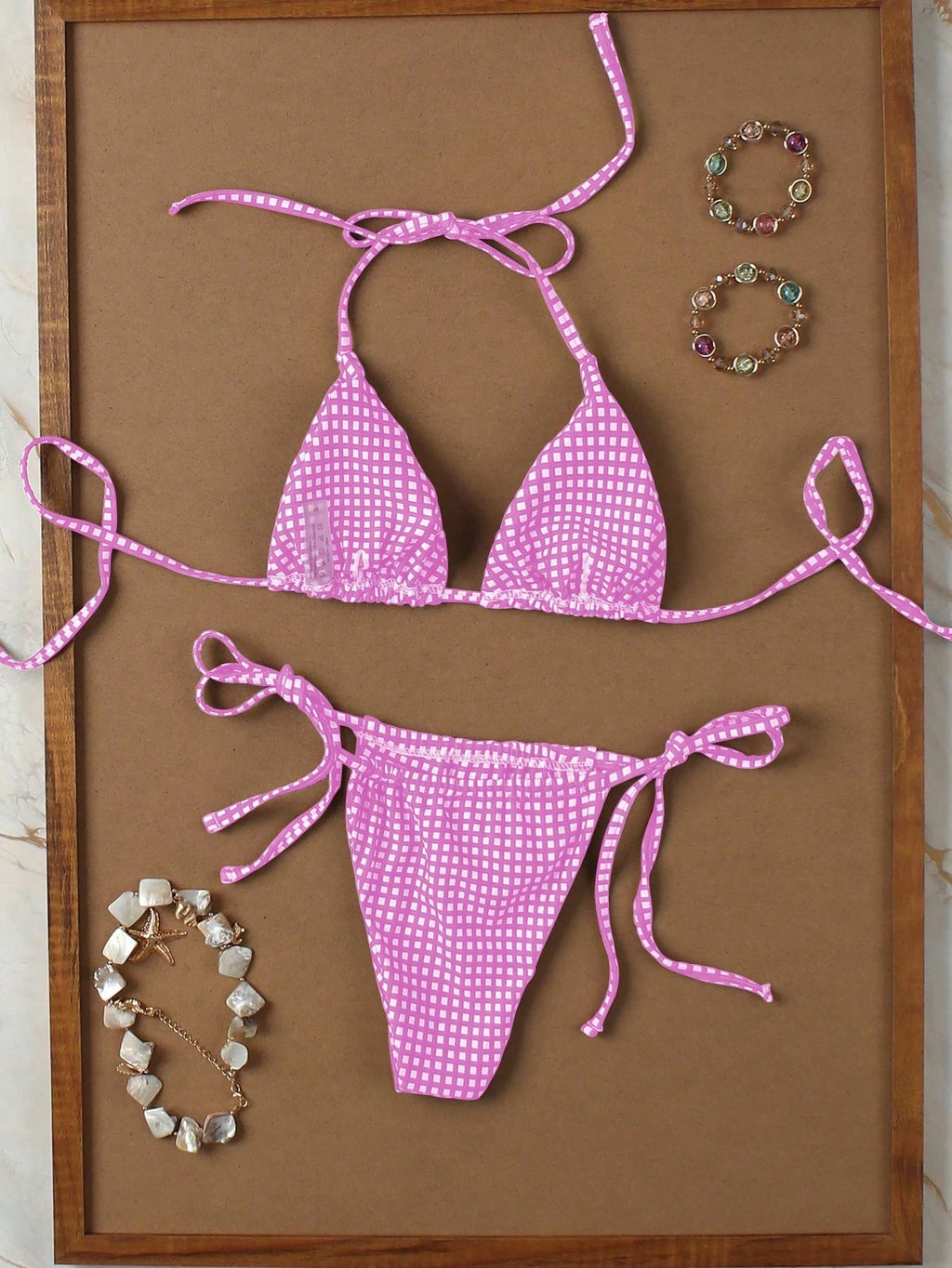 Deep Red & White Plaid Spaghetti Strap Tie Bikini Set, Sweet & Sexy