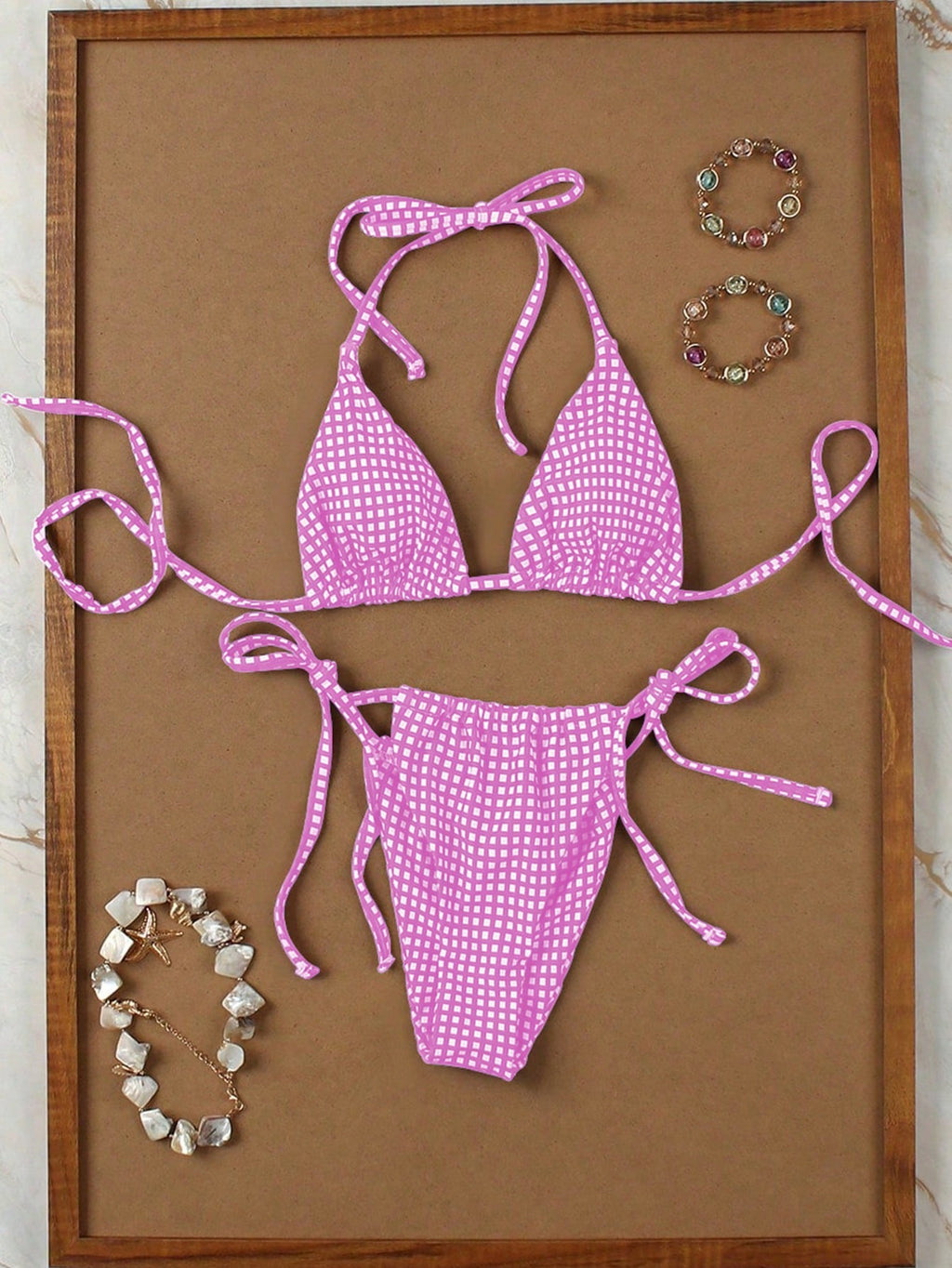 Deep Red & White Plaid Spaghetti Strap Tie Bikini Set, Sweet & Sexy