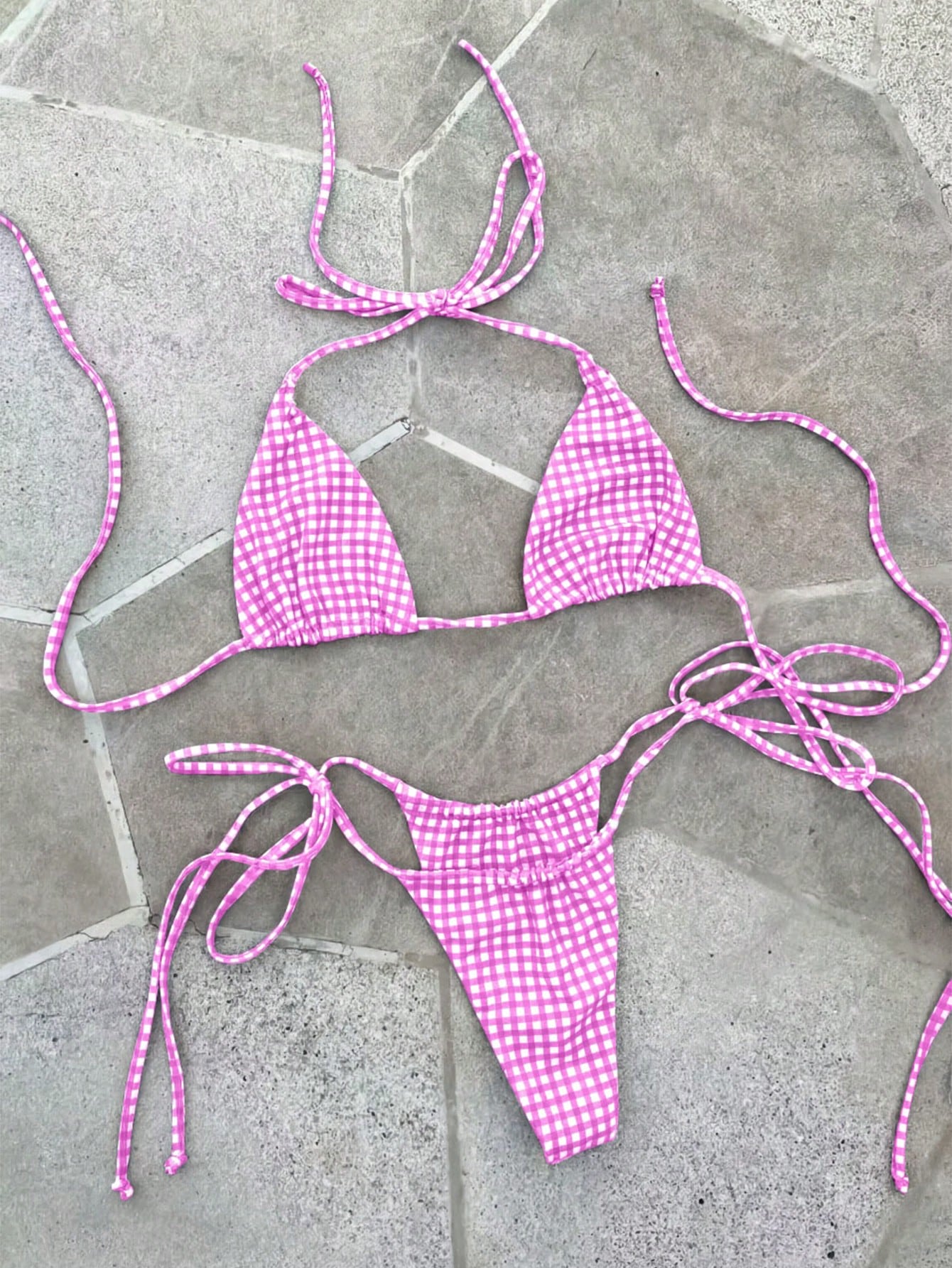 Deep Red & White Plaid Spaghetti Strap Tie Bikini Set, Sweet & Sexy