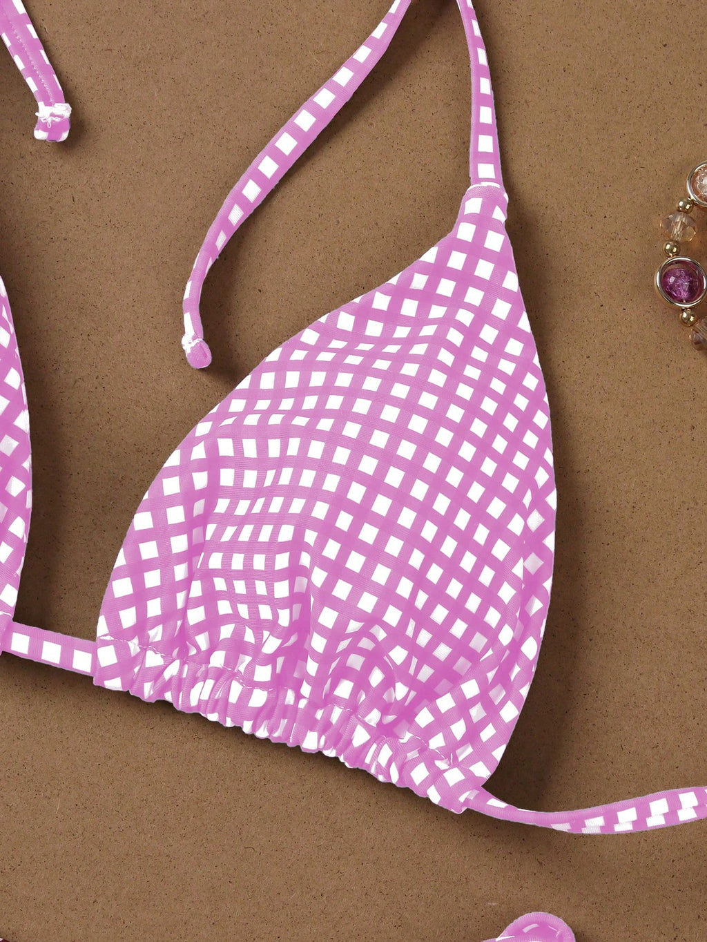 Deep Red & White Plaid Spaghetti Strap Tie Bikini Set, Sweet & Sexy